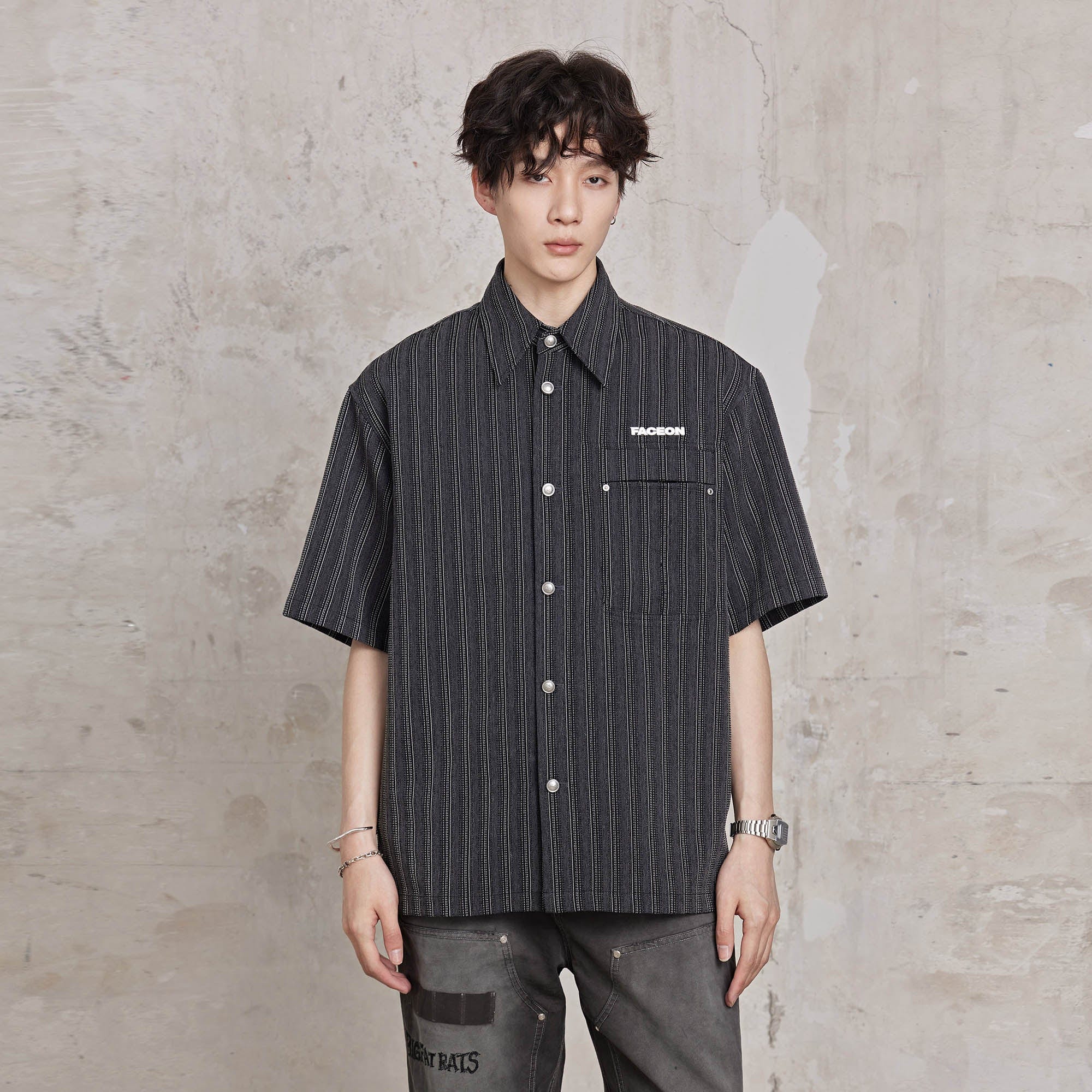 FACEONLAB Retro Textured Contrast Stripe Half Shirt-Half shirt-M-Black-Free Shipping Leatheretro