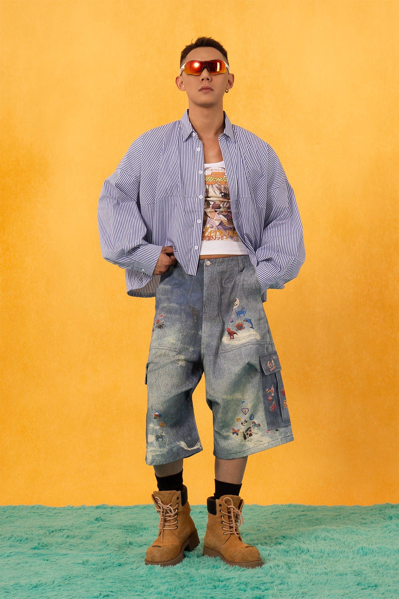 CLP Whimsical Distressed Stickers Cargo Denim Shorts-Shorts-S-Free Shipping Leatheretro