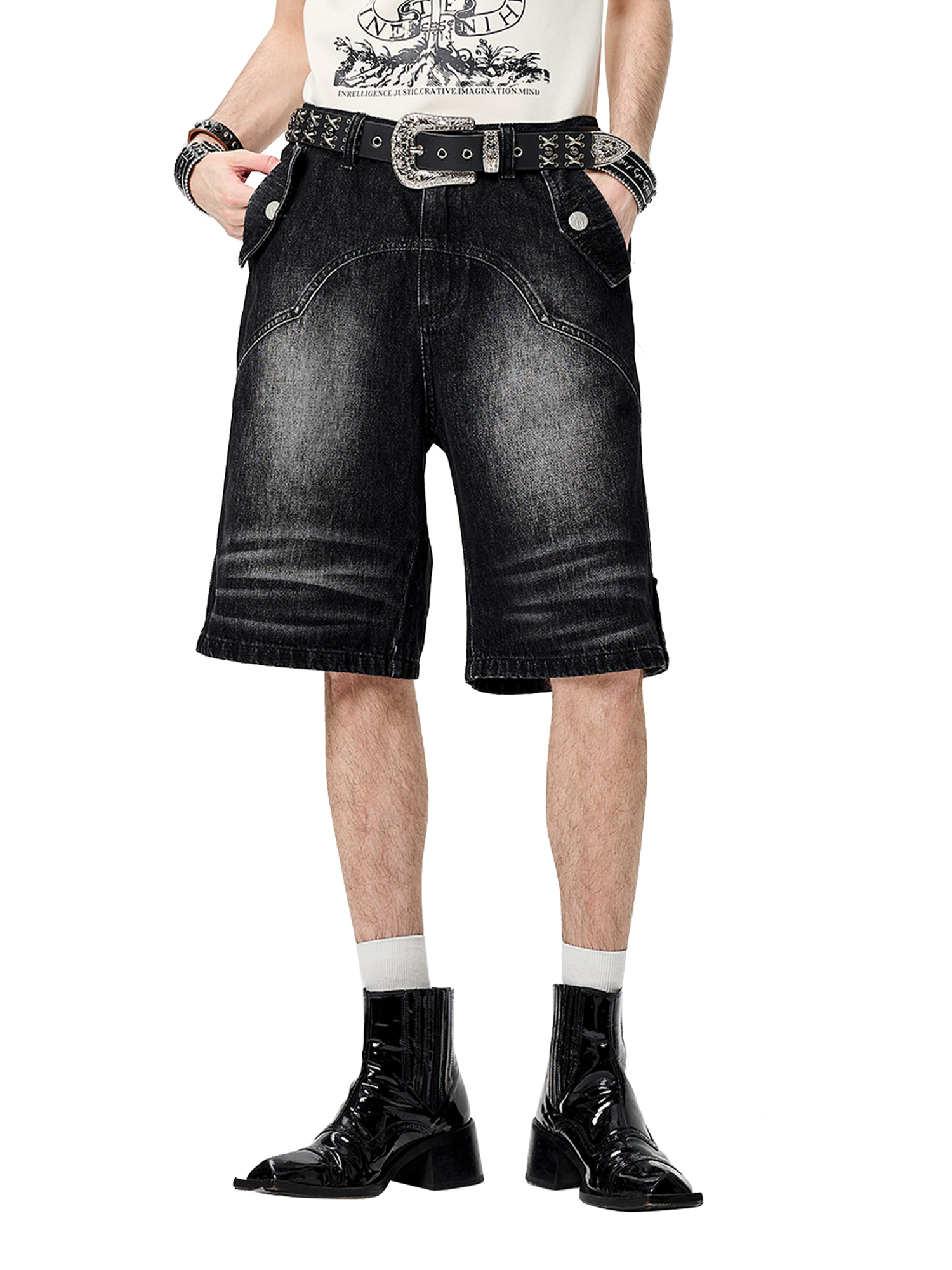 CYCYCY Retro Washed Paneled Denim Shorts-Shorts-XS / 28“-Free Shipping Leatheretro