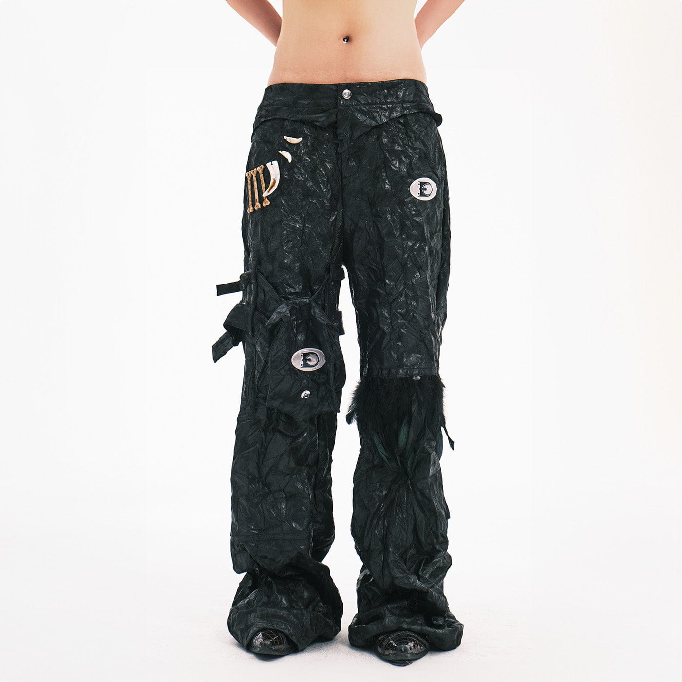 EMBRYO Deconstructed Faux Leather Bone Wrinkled Wide-Leg Pants-Pants-S-Free Shipping Leatheretro