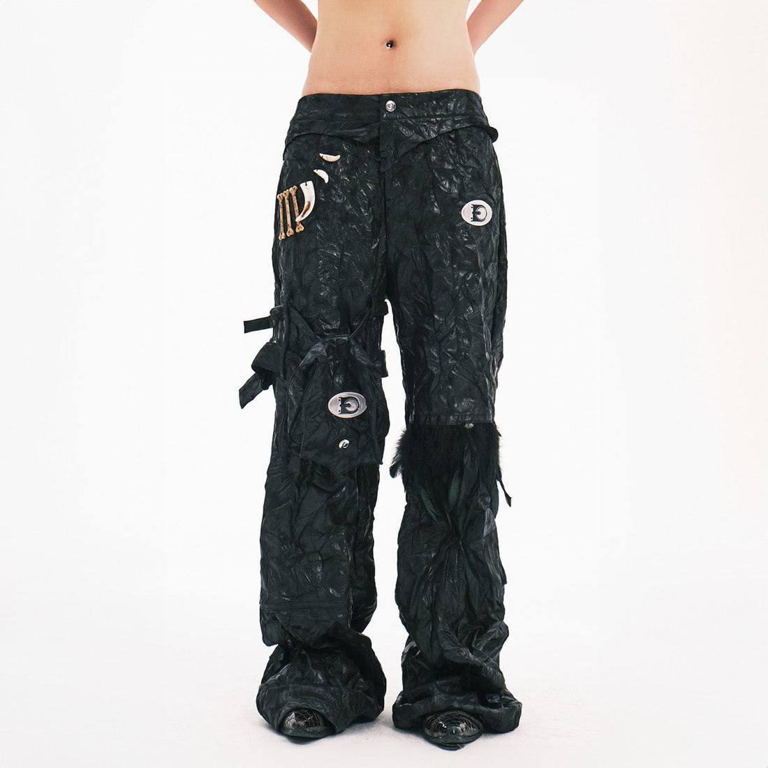 EMBRYO Deconstructed Faux Leather Bone Wrinkled Wide-Leg Pants-Pants-S-Free Shipping Leatheretro