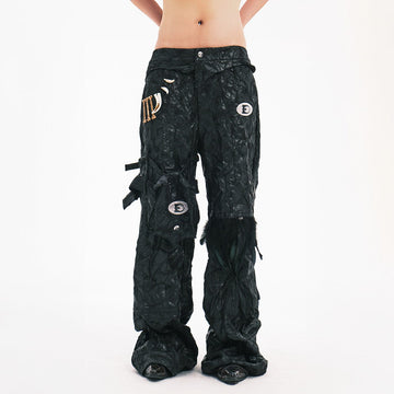 EMBRYO Deconstructed Faux Leather Bone Wrinkled Wide-Leg Pants-Pants-S-Free Shipping Leatheretro