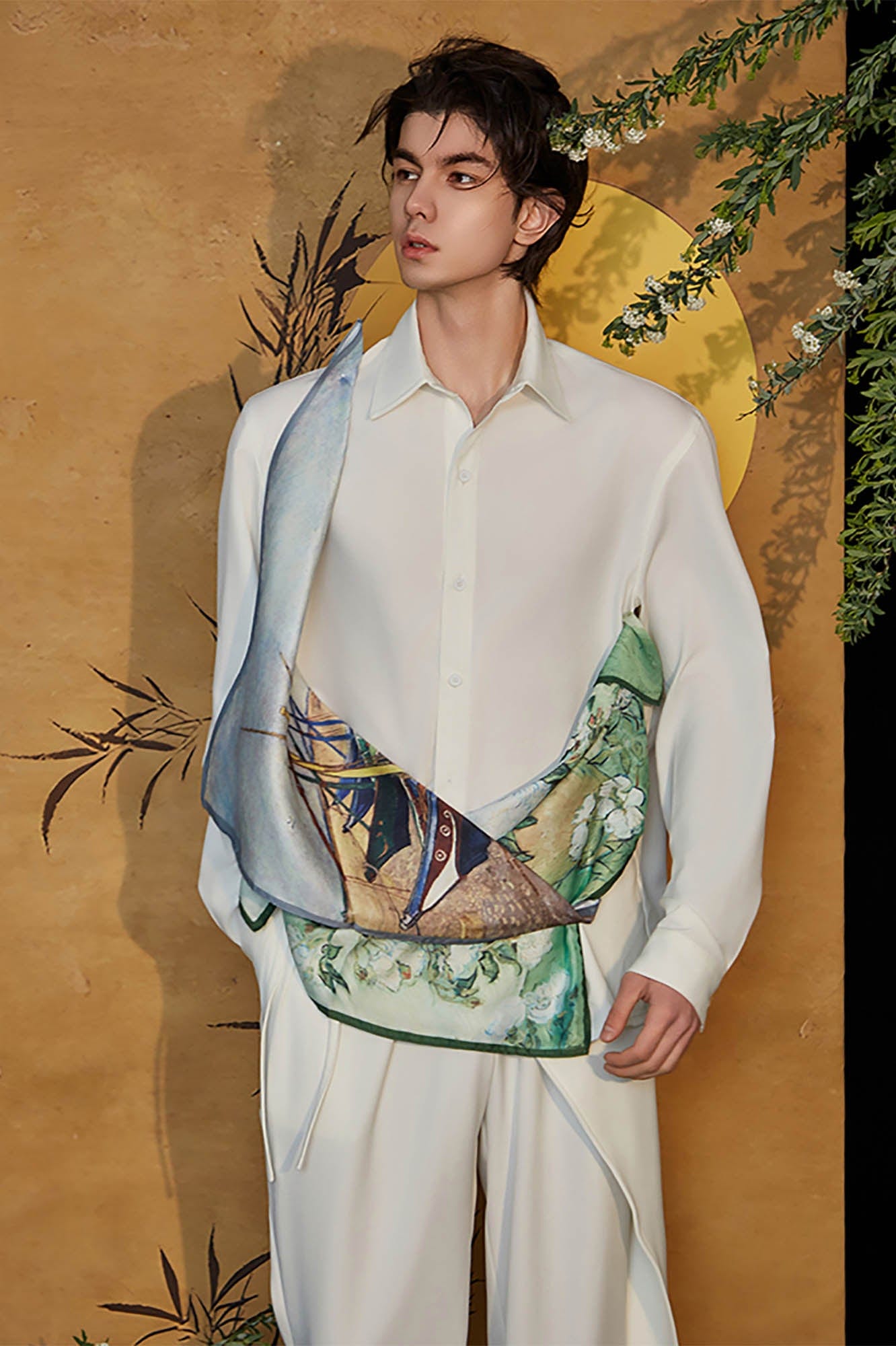 JIECHI Asymmetrical Scarf-Draped Graphics Shirt-Shirt-M-Free Shipping Leatheretro
