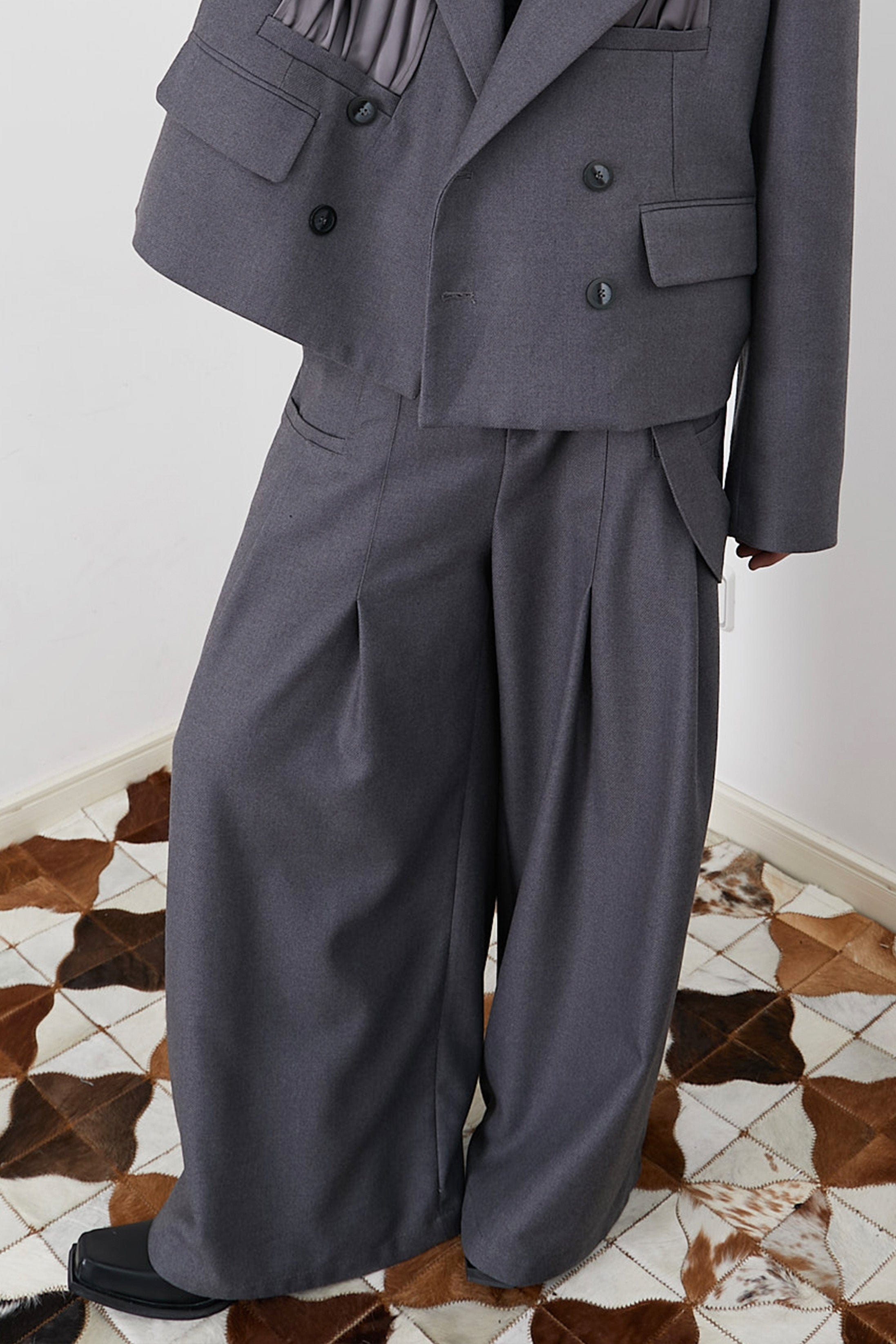 ASSEEN Asymmetrical Tab Pleated Wide-Leg Pants Gray-Pants-S-Free Shipping Leatheretro
