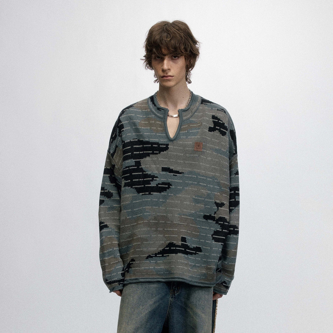 OVDY Modern Camo Stripe V-Neck Sweater-Sweater-S-Green-Free Shipping Leatheretro