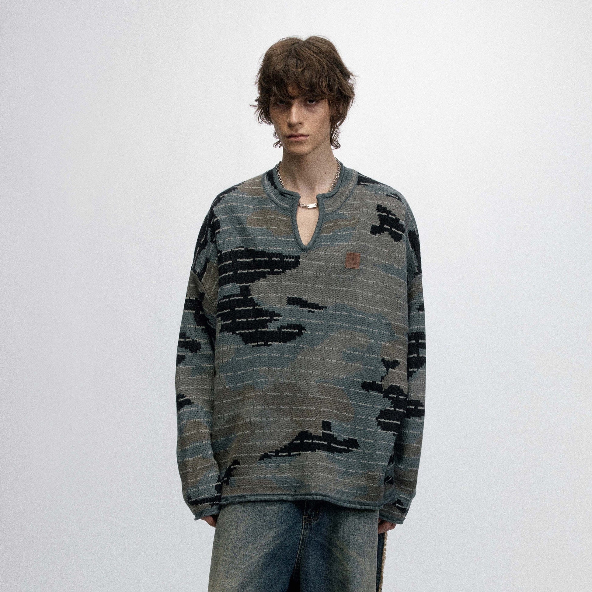 OVDY Modern Camo Stripe V-Neck Sweater-Sweater-S-Gray-Free Shipping Leatheretro