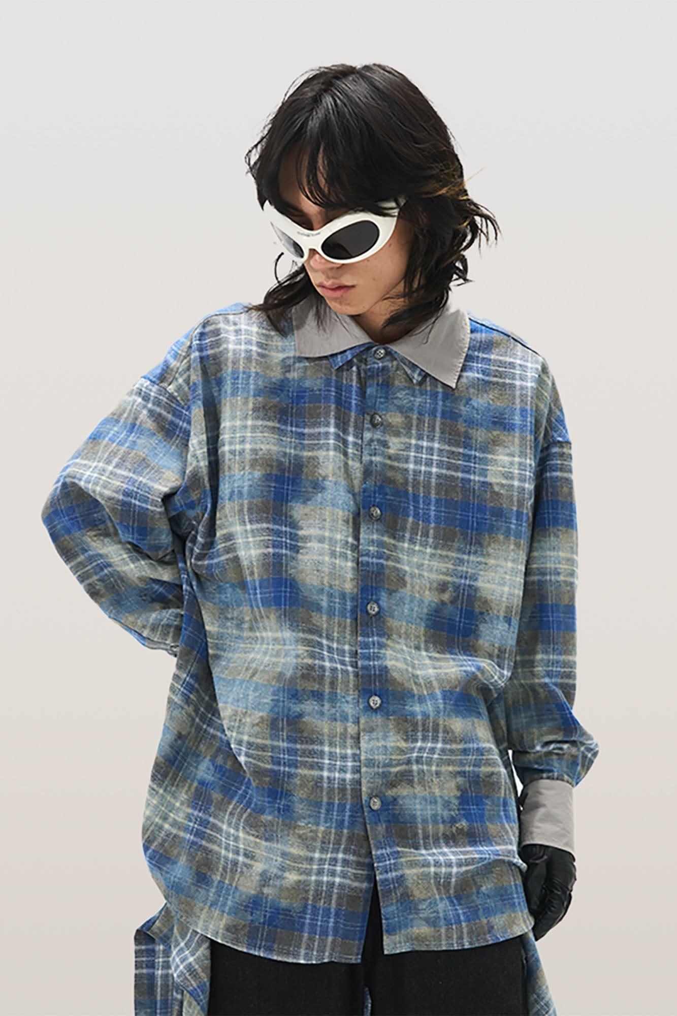 RELABEL Washed Plaid Tie-Dye Contrast-Collar Shirt-Shirt-S-Free Shipping Leatheretro