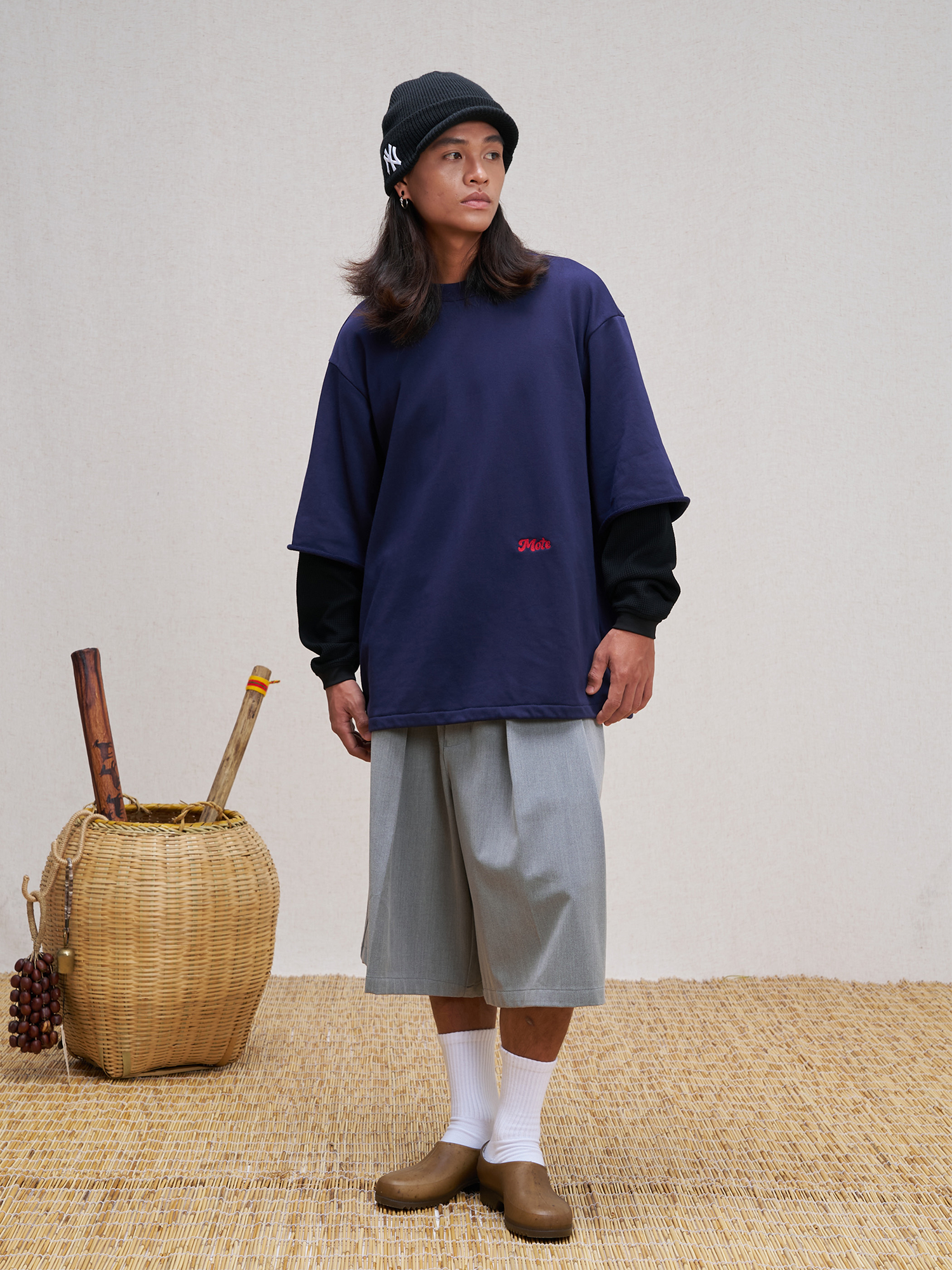 UNLIMITED MOTE Waffle Sleeve Layered Drawstring Hem Sweatshirt-Sweatshirt-XS-Dark Blue-Free Shipping Leatheretro