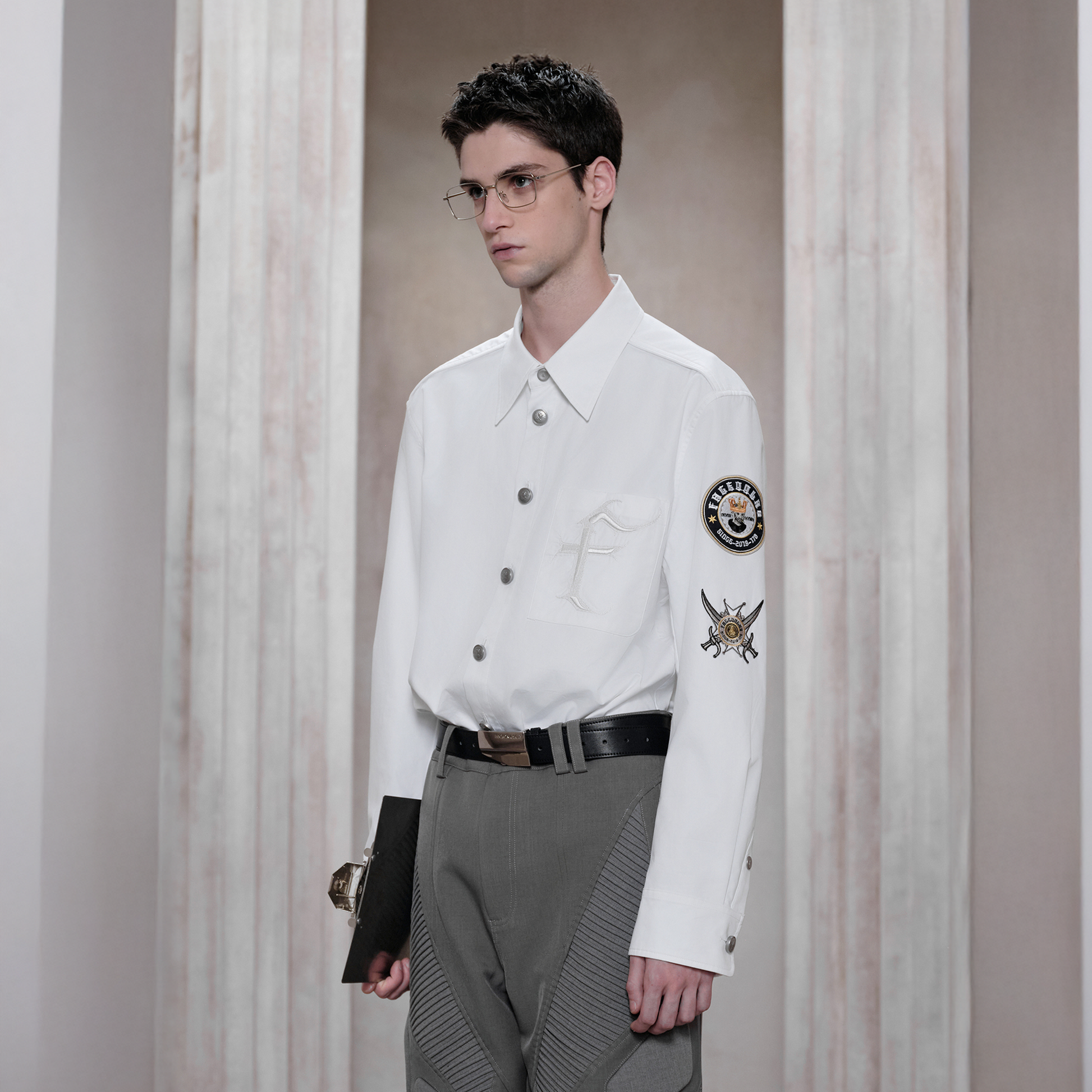 FACEONLAB Mental-Button Embroidered Badge-Patch Shirt White-Shirt-M-Free Shipping Leatheretro