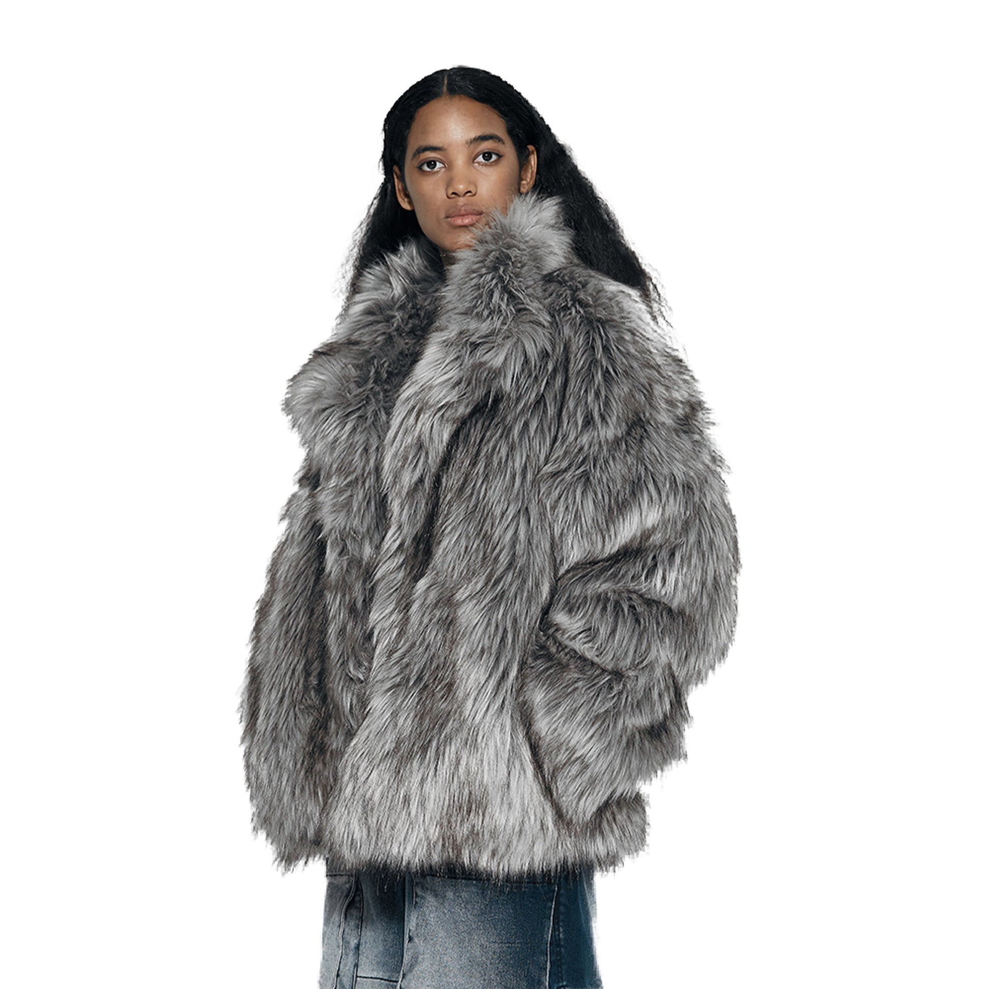 VANN VALRENC¨¦ Plush-Collar Volume-Fit Faux Fur Coat-Jacket-XS-Gray-Free Shipping Leatheretro