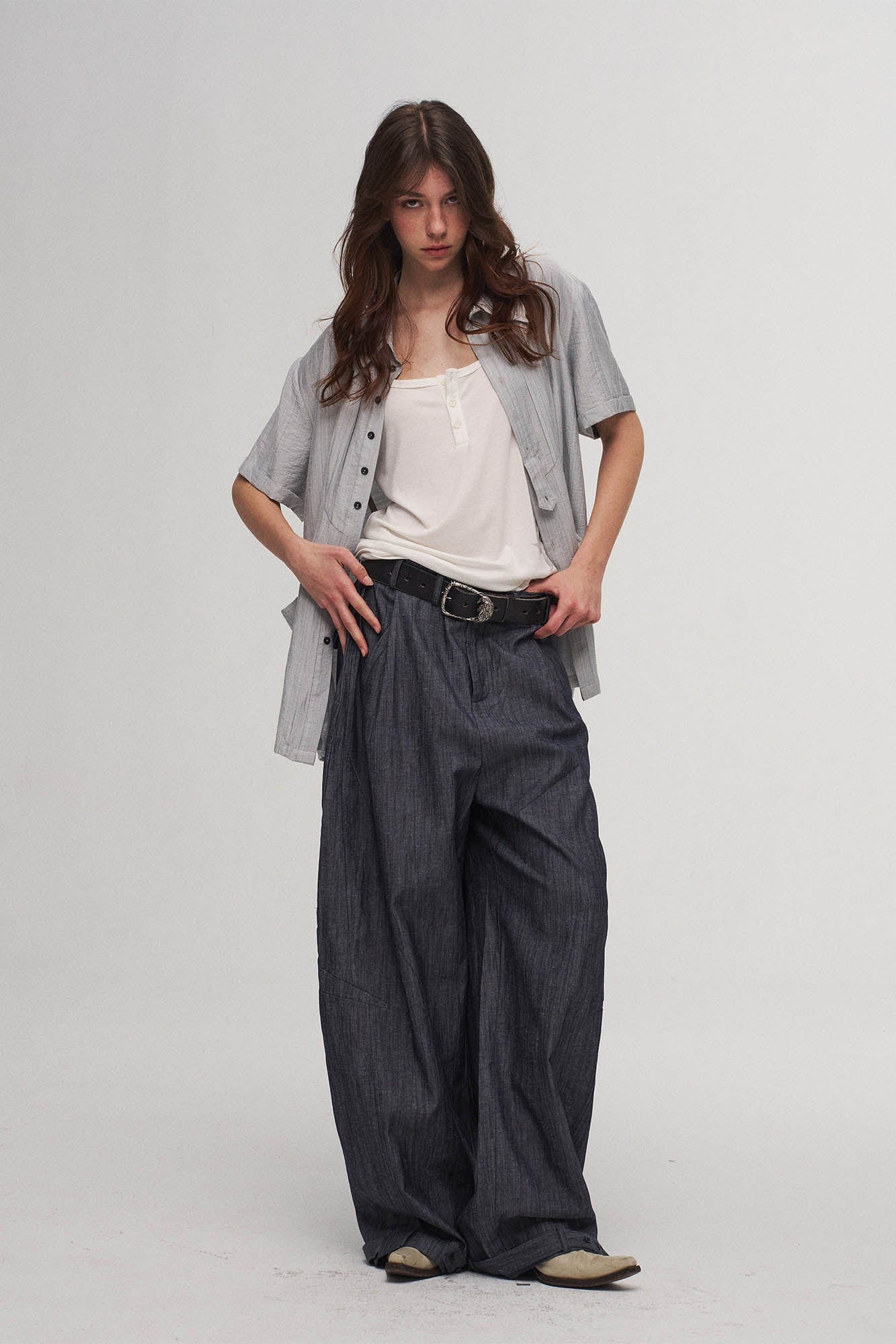 ILNya Nieternite Nifutur Stripe Crinkled Spliced Layered Collar T-Shirt Silver-Shirt-S(0)-Free Shipping Leatheretro