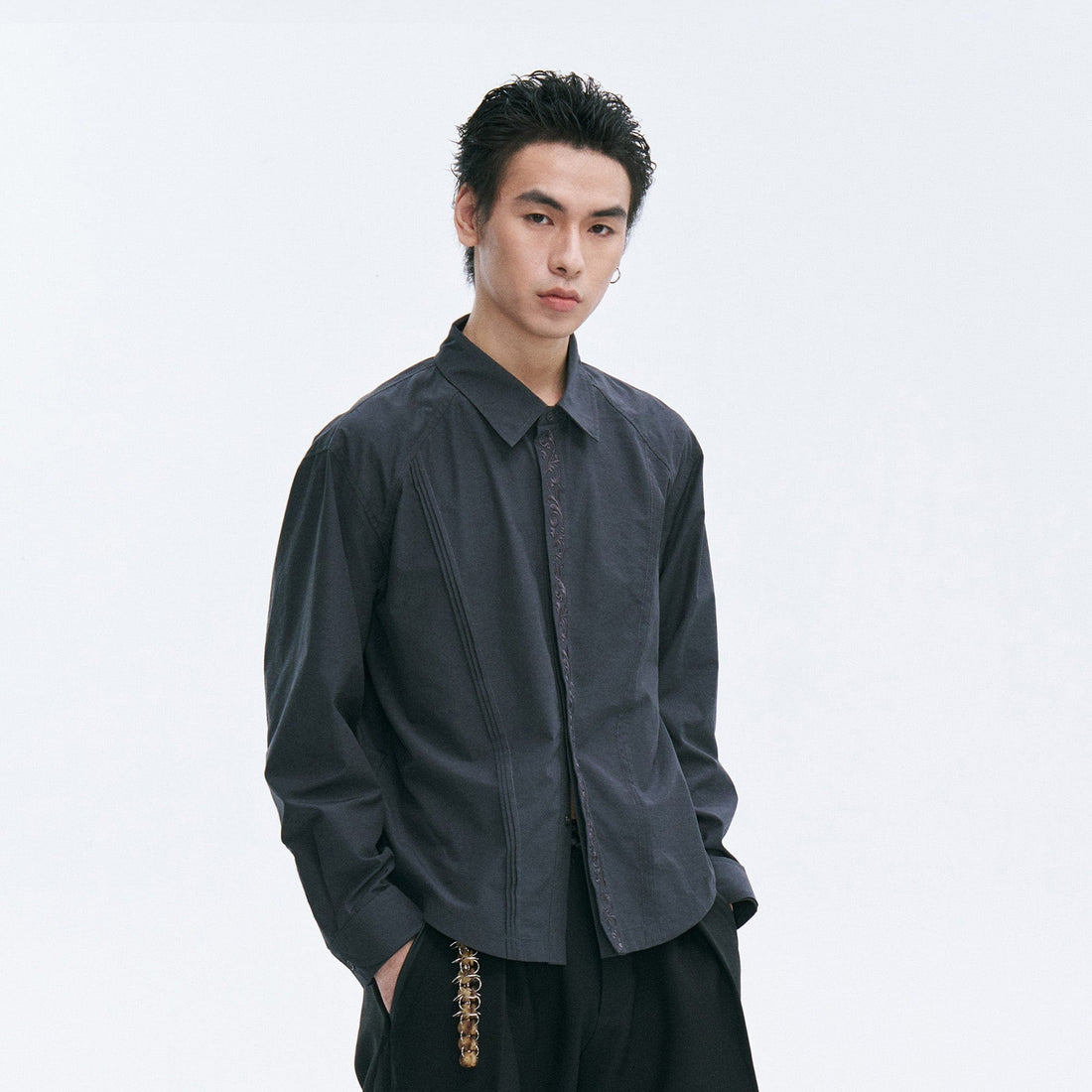 CATSSTAC Layered Seamline Floral Embroidered Shirt-Shirt-Black-M-Free Shipping Leatheretro