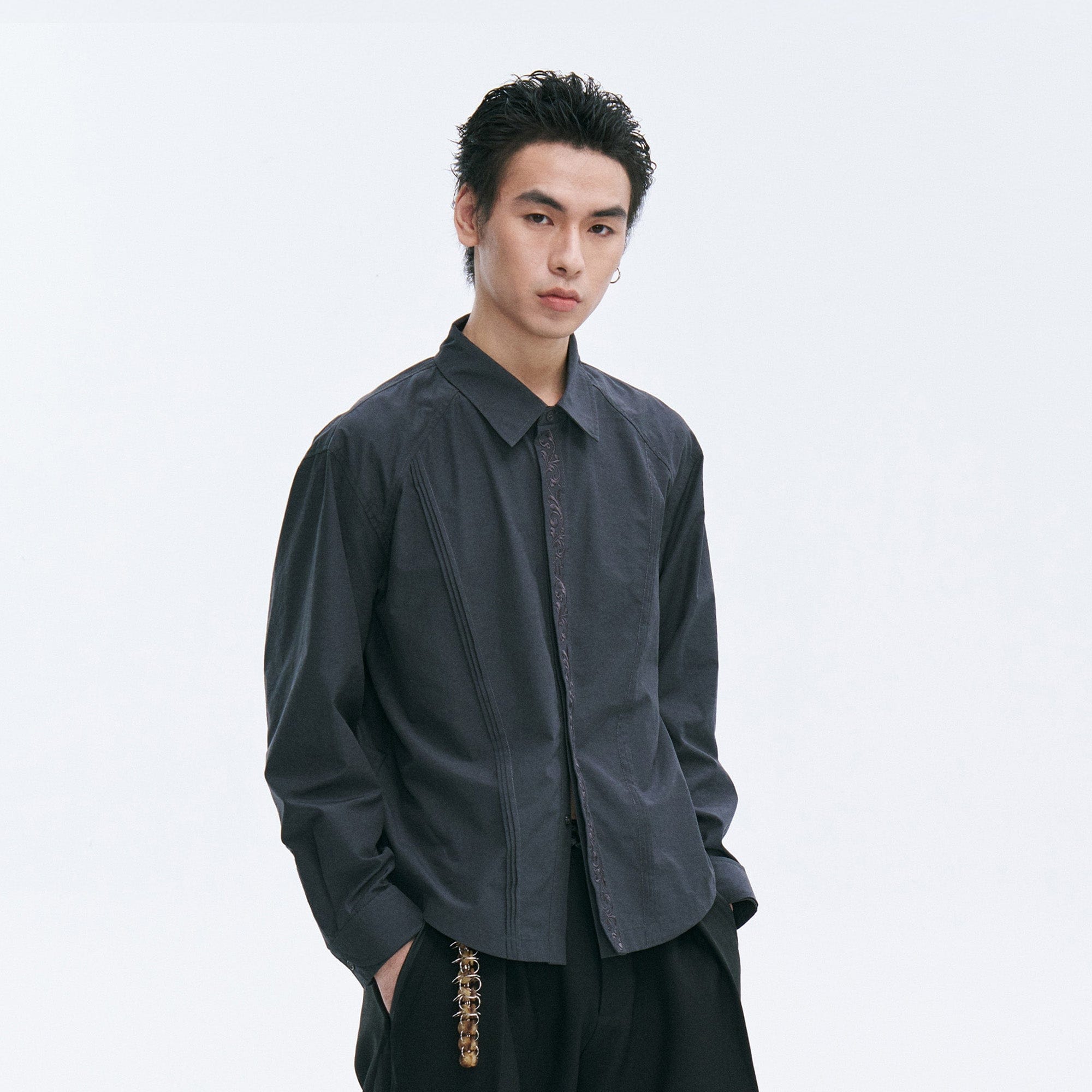 CATSSTAC Layered Seamline Floral Embroidered Shirt-Shirt-Gray-M-Free Shipping Leatheretro