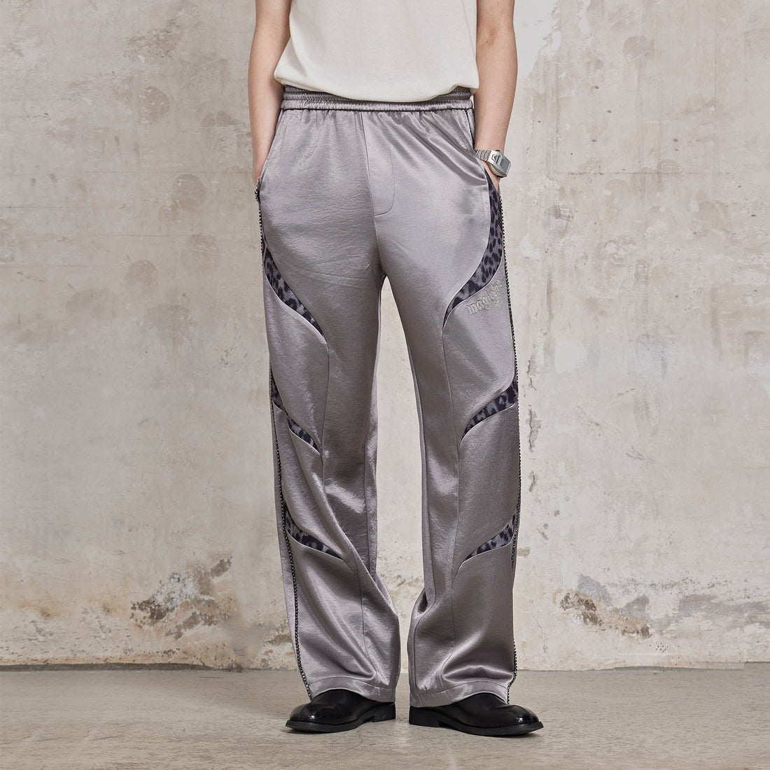 FACEONLAB Diamond Leopard-Spliced Satin Pants-Pants-M-Blue-Free Shipping Leatheretro