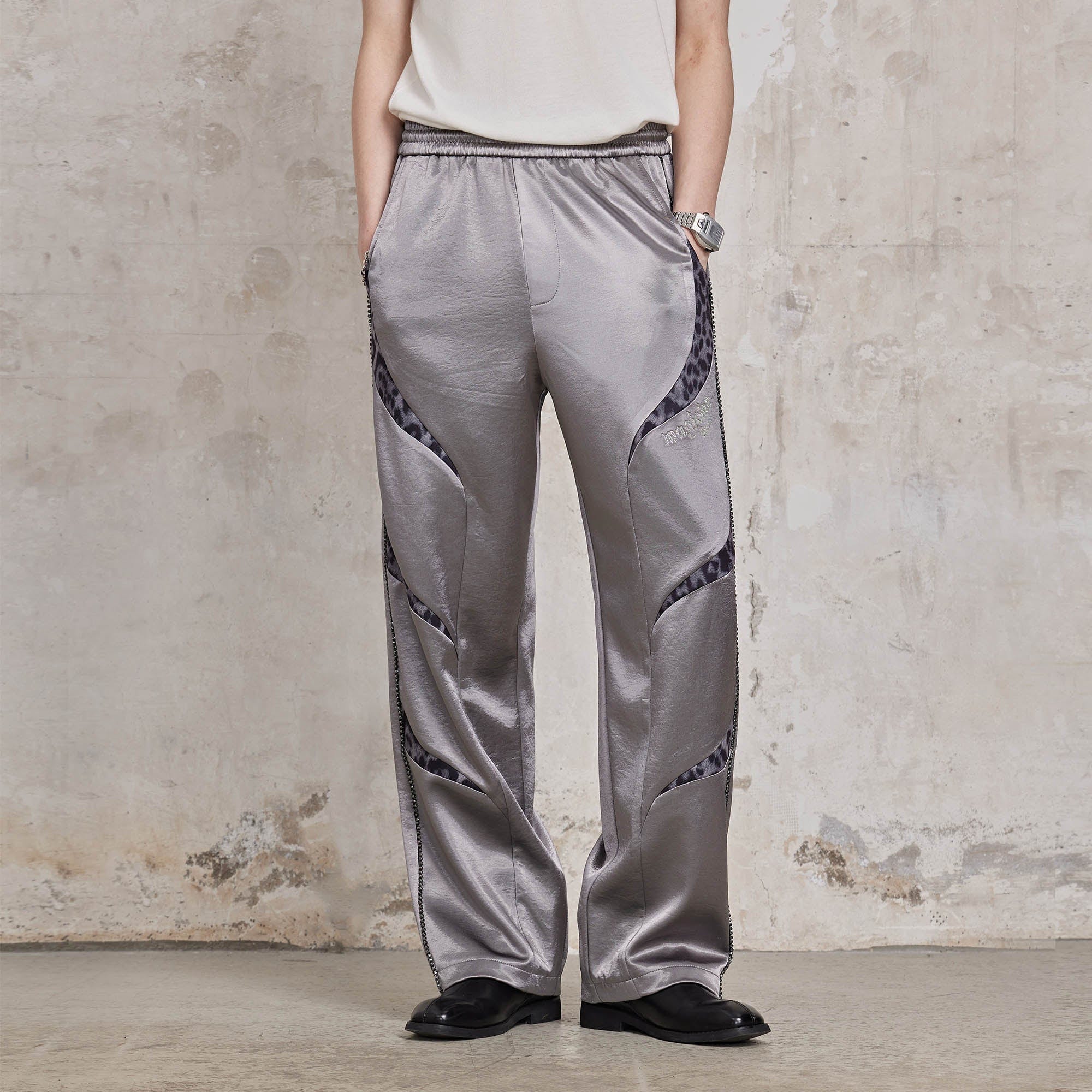 FACEONLAB Diamond Leopard-Spliced Satin Pants-Pants-M-Silver-Free Shipping Leatheretro