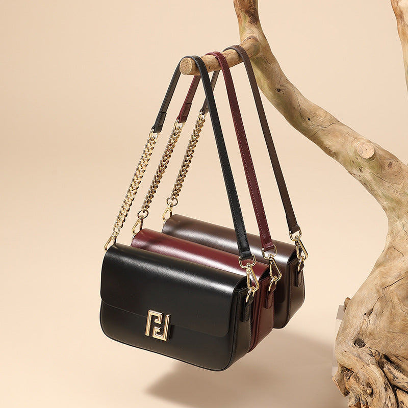 Genuine Leather Chain Flap Shoulder Bag - Cowhide Leather Lock Clasp Purse-Shoulder Bag-Black-Free Shipping Leatheretro