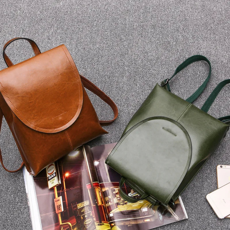Oil Wax Cowhide Leather Backpack - Rucksack Knapsack CrossBody Bags-Crossbody Bag-Brown-Free Shipping Leatheretro