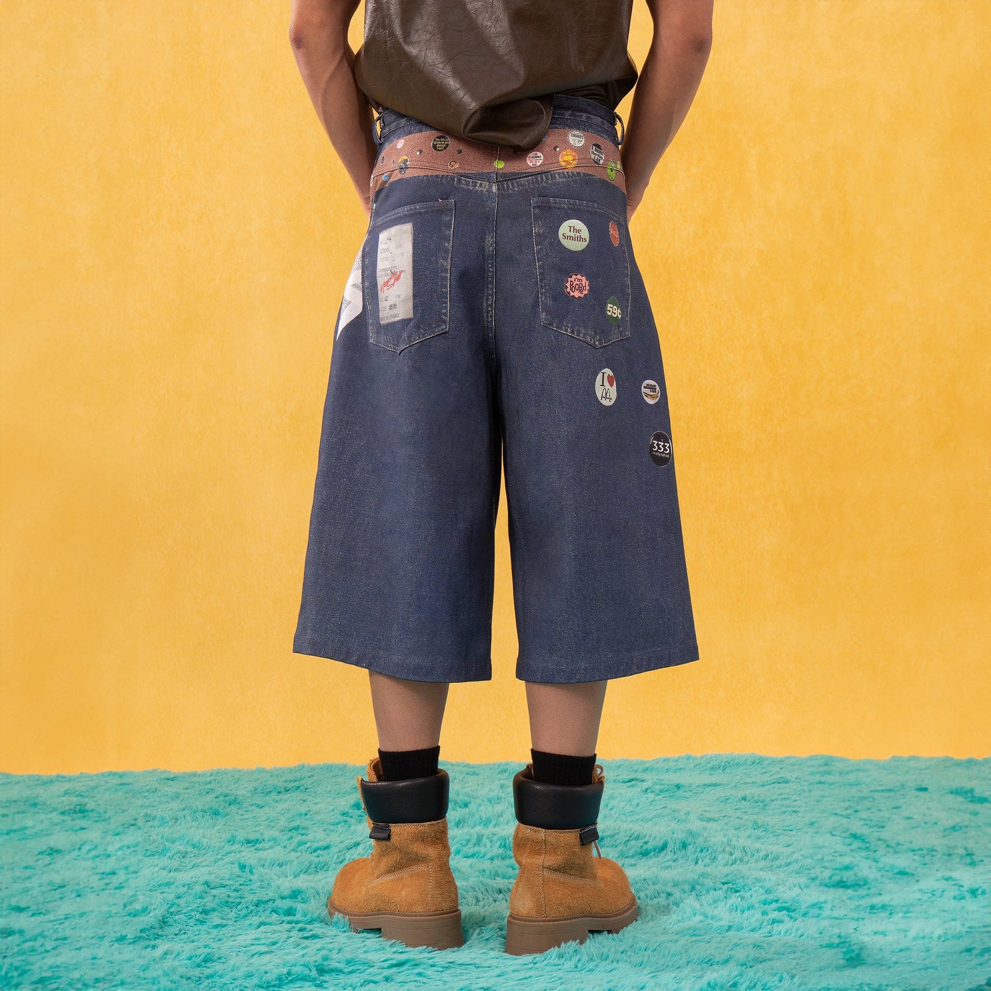 CLP Badge Belt Graphic Cropped Denim Shorts-Shorts-S-Free Shipping Leatheretro