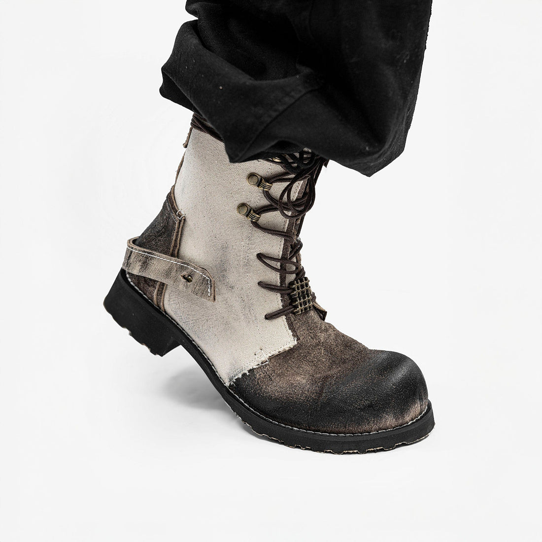 REWRITE Distressed Contrast Canvas-Leather Combat Boots-Shoes-38.5-Free Shipping Leatheretro