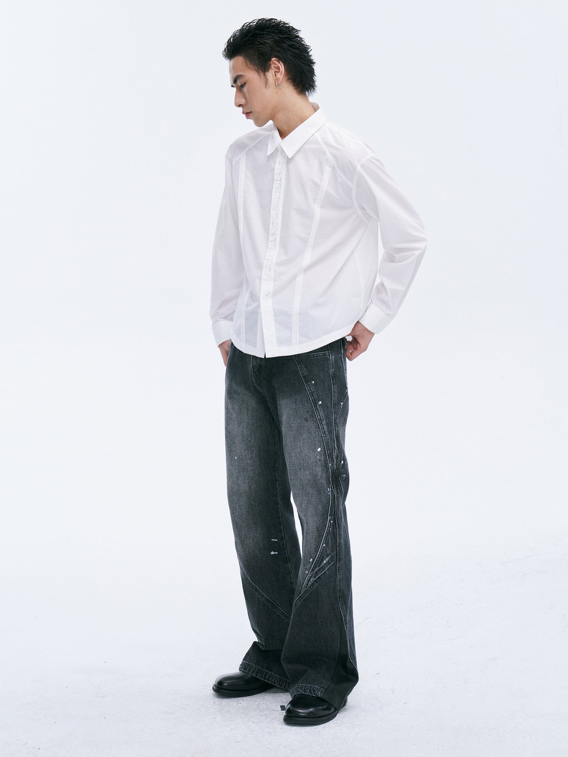 CATSSTAC Washed Panel Paint-Stain Wide-Leg Jeans-Jeans-M-Free Shipping Leatheretro