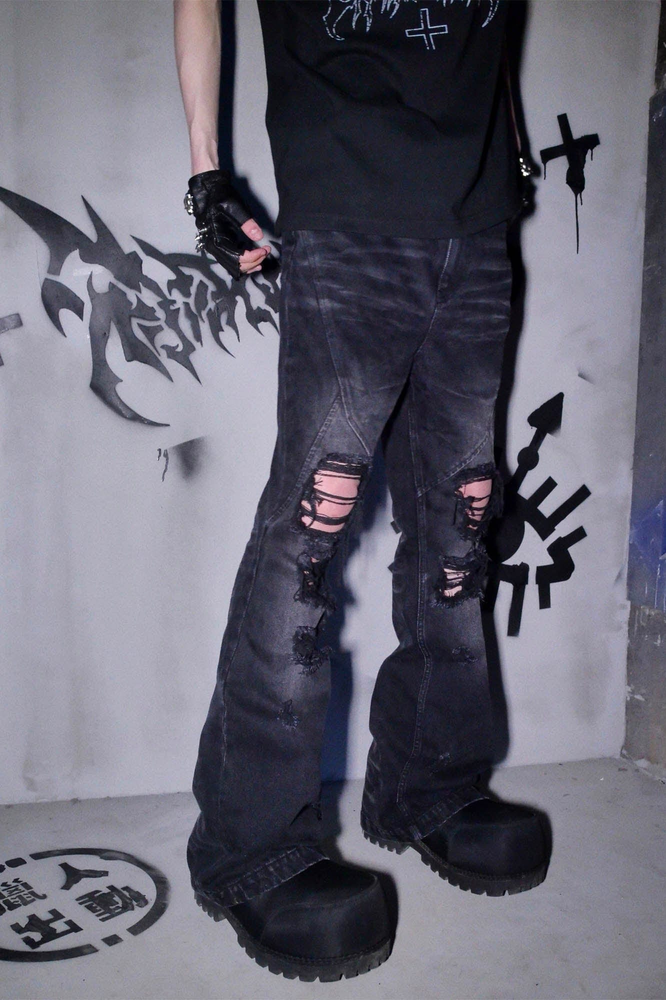 PHANTOMHUNTER Distressed Paneled Ripped Flared Jeans-Pants-S-Free Shipping Leatheretro