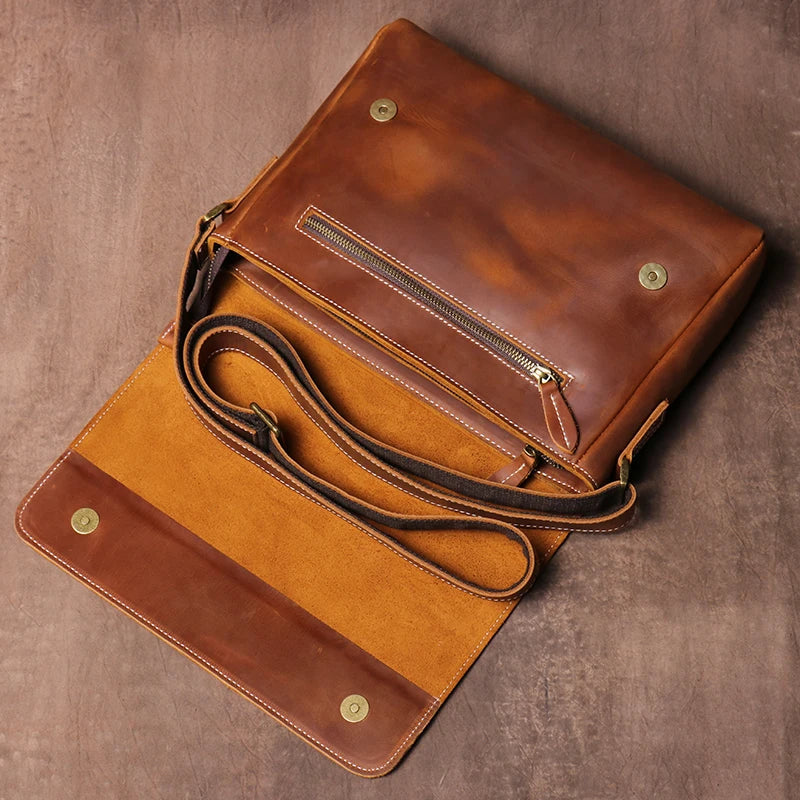 Crazy Horse Leather Messenger Bag - Men's Vintage Flap Crossbody Bags-Messenger Bag-Dark Brown-Free Shipping Leatheretro