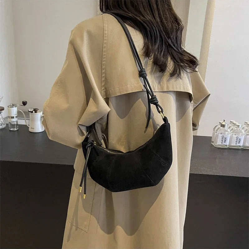 Dumpling-shaped Croissant Shoulder Bag - Texture Versatile Velvet Zipper Handbag-Shoulder Bag-Brown-Free Shipping Leatheretro