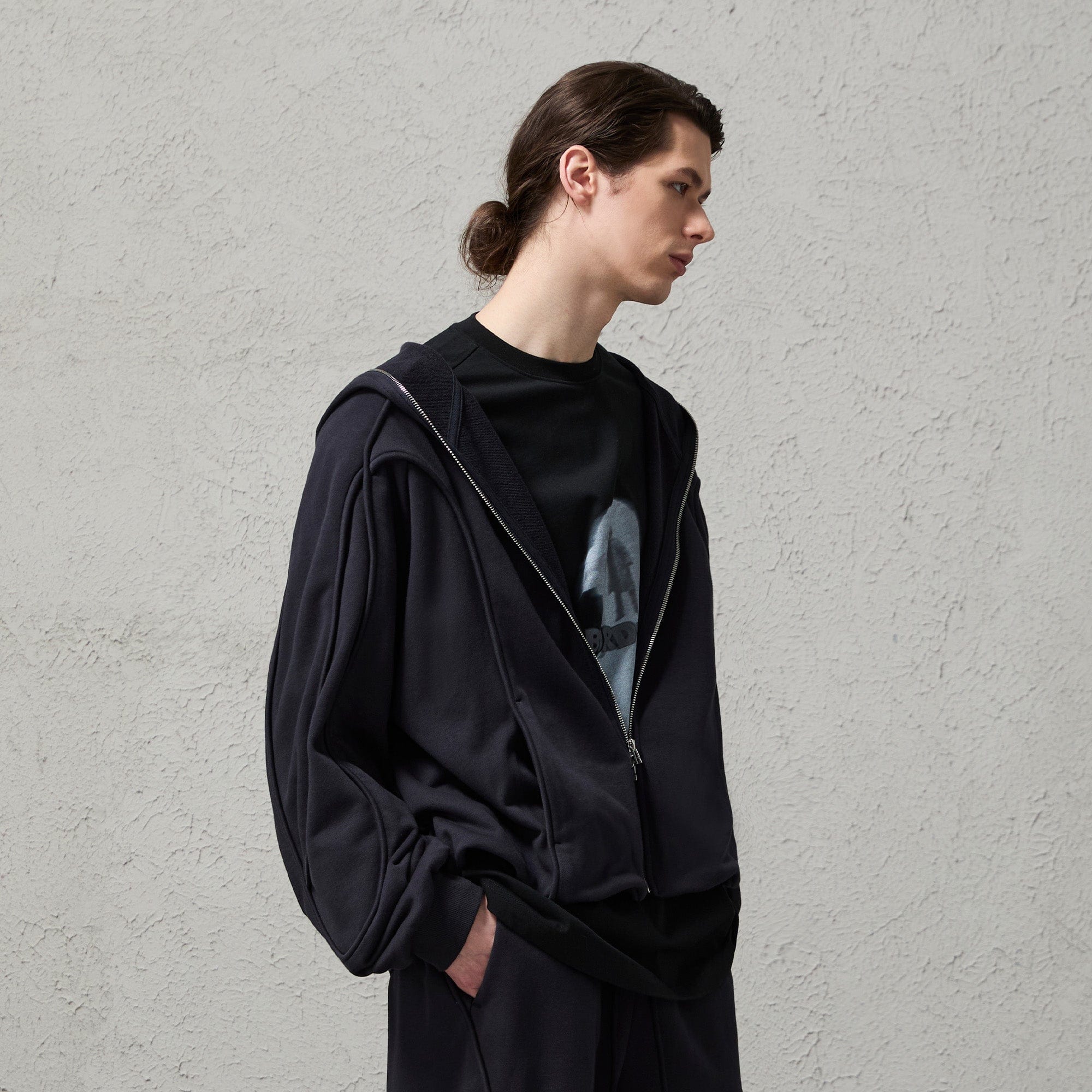 ORGANIC EMOTION Curved Panel Drawstring-Hem Zip-Up Hoodie-Jacket-Dark Blue-S-Free Shipping Leatheretro