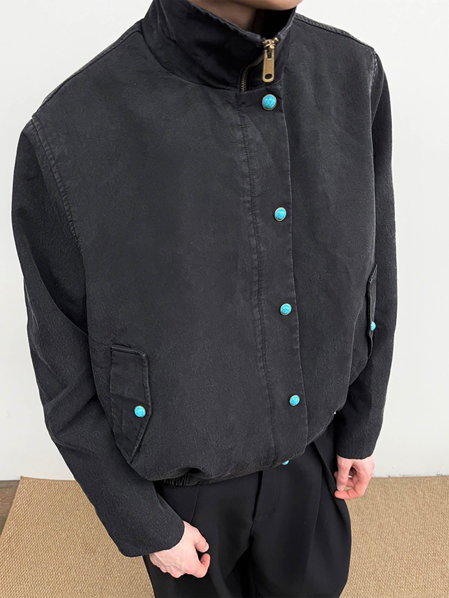 KREATE Gem Button Stand-Collar Wellington Jacket-Jacket-S-Black-Free Shipping Leatheretro