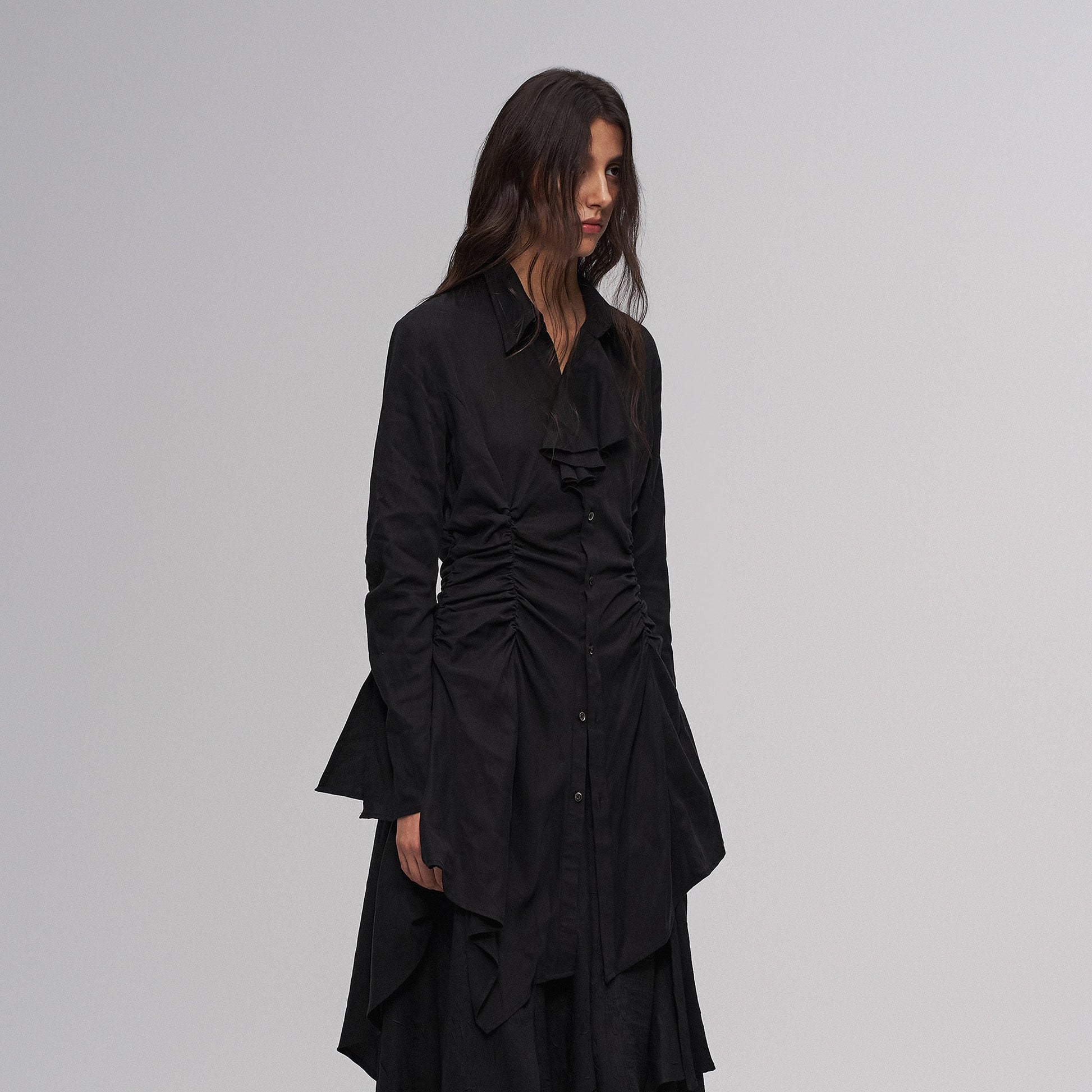ILNya Nieternite Nifutur Asymmetric Ruched Waist Ruffle-Neck Long Shirt Black-Shirt-S (0)(Preorder)-Free Shipping Leatheretro