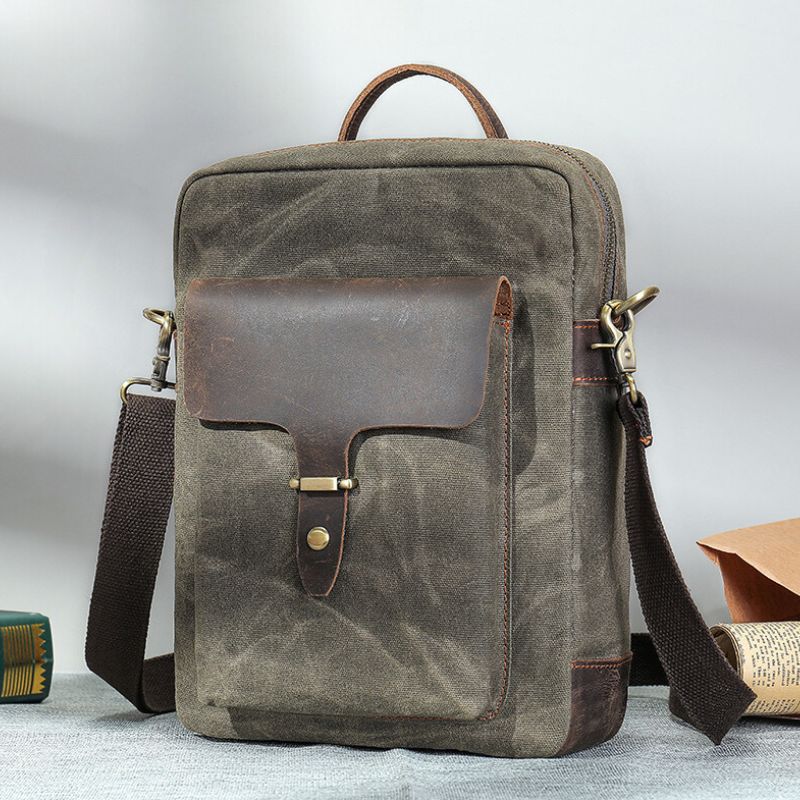 Men's Washed Canvas Crossbody Bag-Messenger Bag-Army Green-Free Shipping Leatheretro