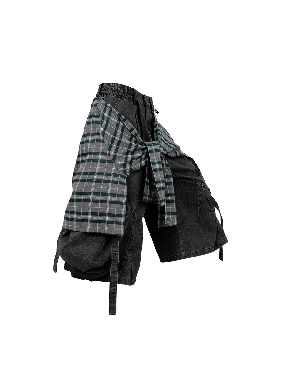 RELABEL Detachable Plaid Drape Oversized Denim Shorts-Shorts-XS-Free Shipping Leatheretro