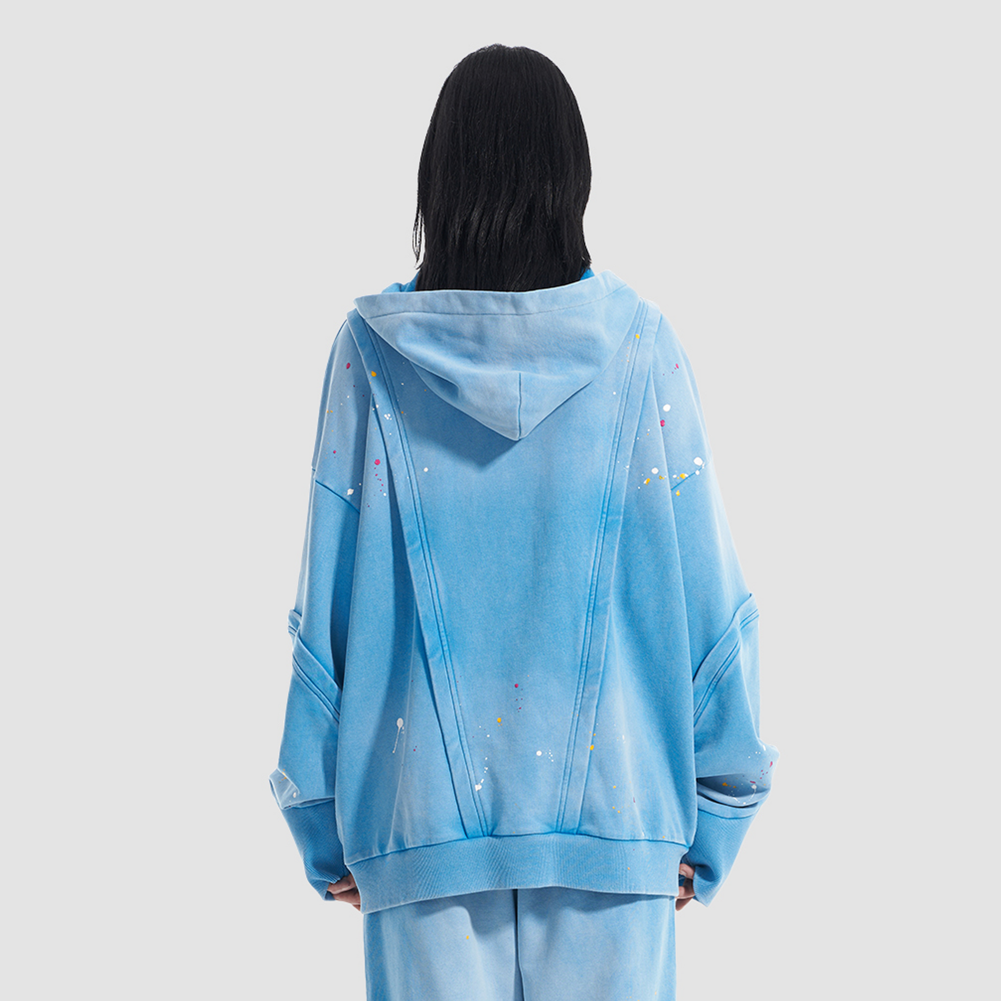 VANN VALRENCE Washed Paint-Splattered Paneled Zip Hoodie-Jacket-S-Blue-Free Shipping Leatheretro