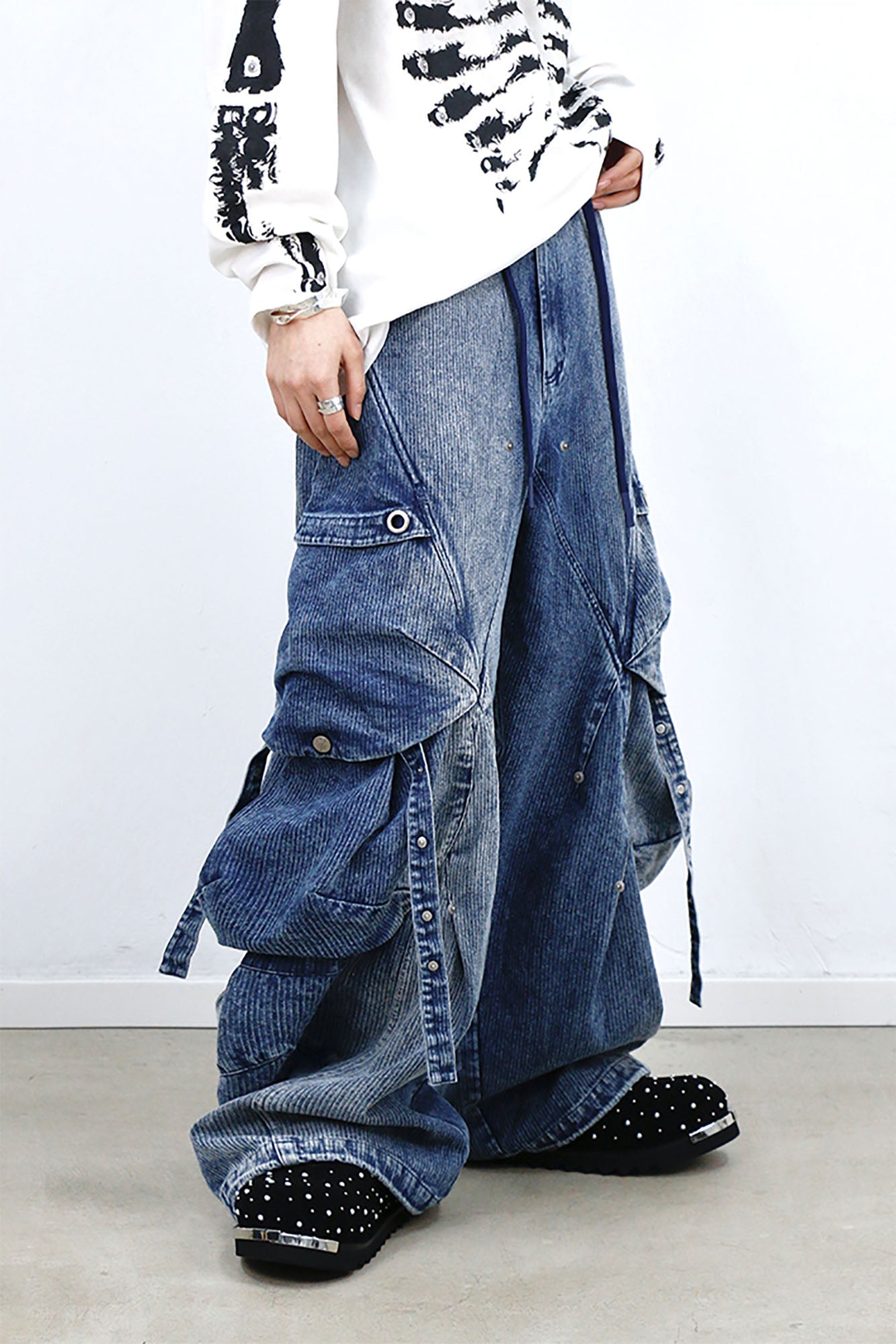 RELABEL Washed Paneled Strap Oversized Cargo Jeans Blue-Jeans-XS-Free Shipping Leatheretro