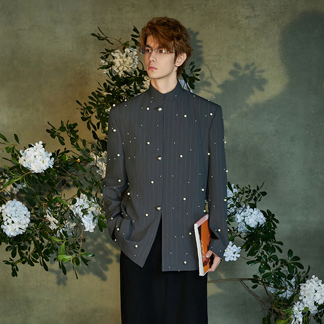 JIECHI Pearl Embellished Stripe Mandarin Shirt-Shirt-M (Preorder)-Free Shipping Leatheretro