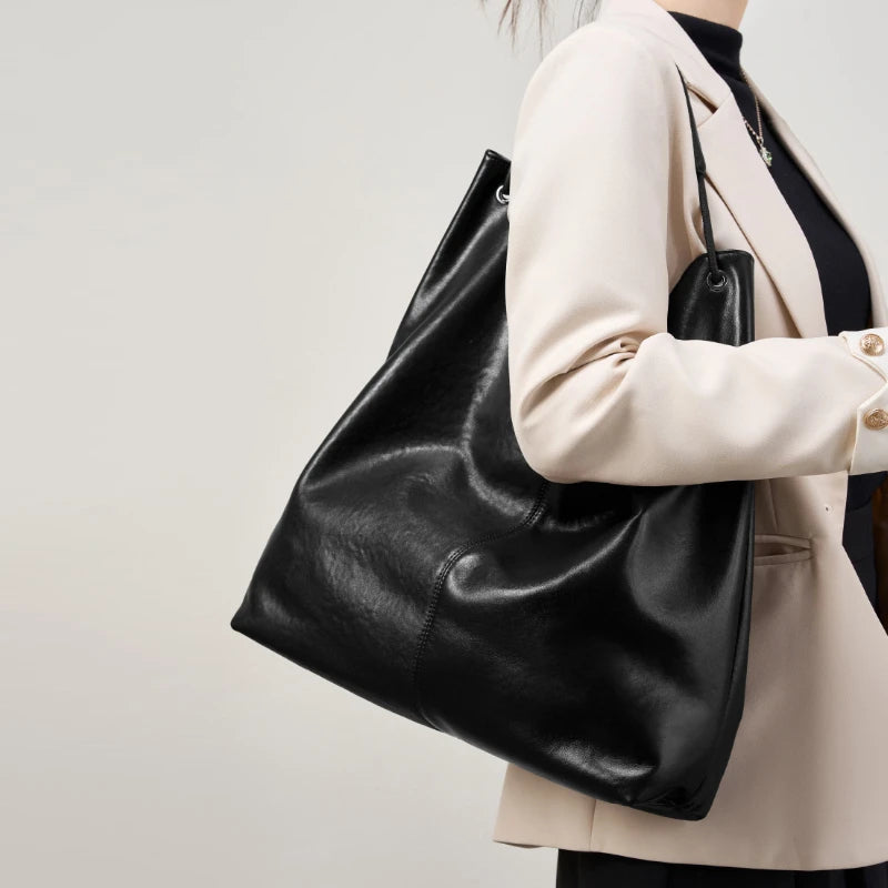 Cowhide Genuine Leather Hobo Shoulder Bag - Ladies Luxury Handbags-Shoulder Bag-Black-Free Shipping Leatheretro