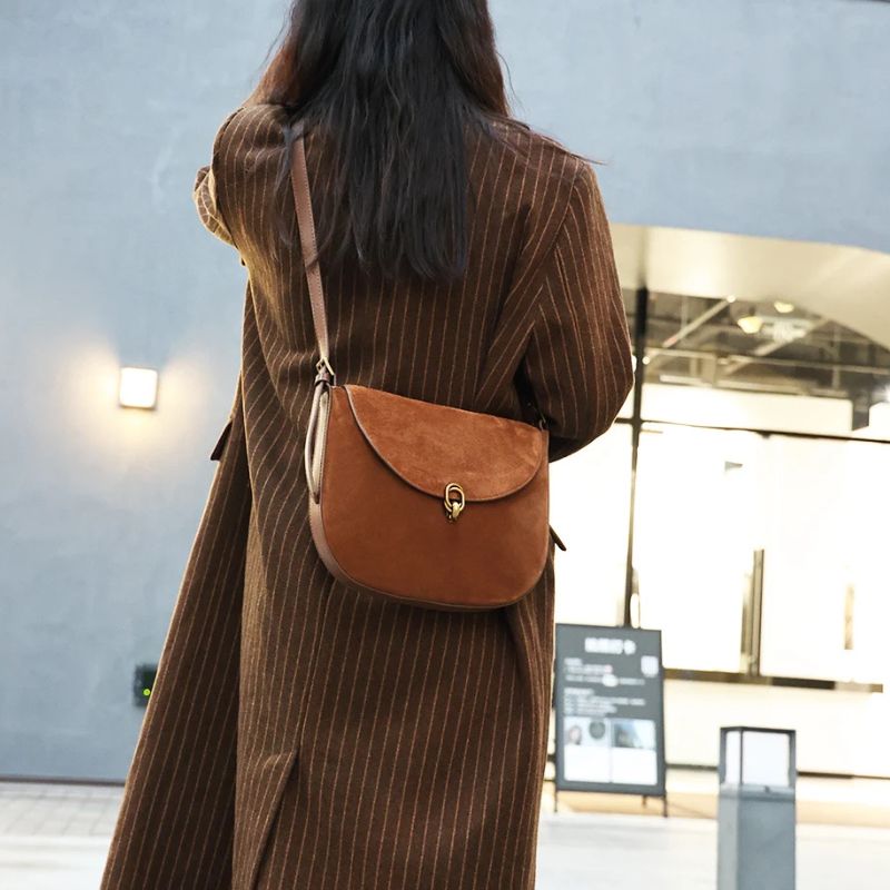 Luxury Women’s Leather Suede Shoulder Saddle Crossbody Bag-Handbags-Brown-Free Shipping Leatheretro
