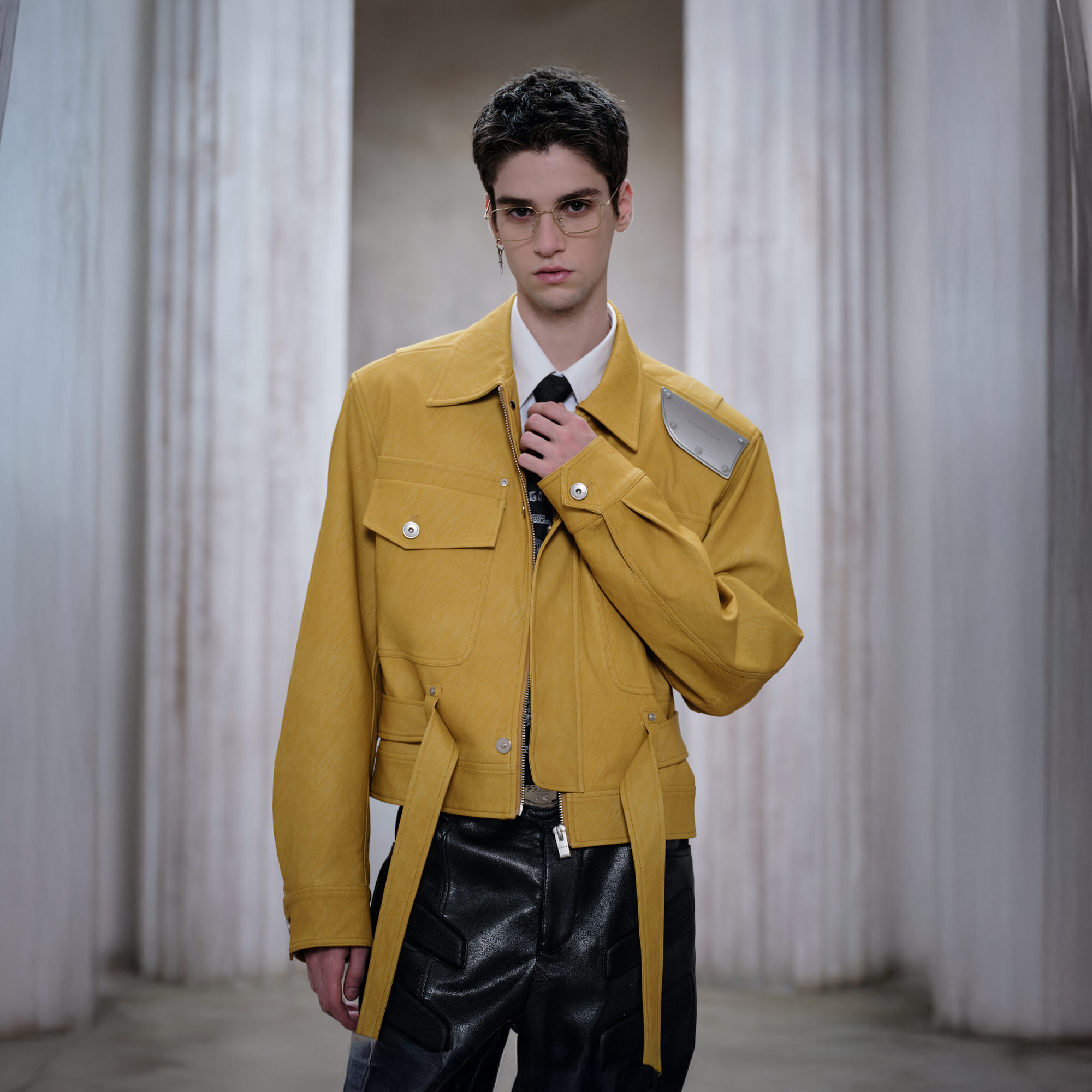 FACEONLAB Metal Epaulettes Belted Faux Leather Jacket Yellow-Jacket-M (Preorder)-Free Shipping Leatheretro