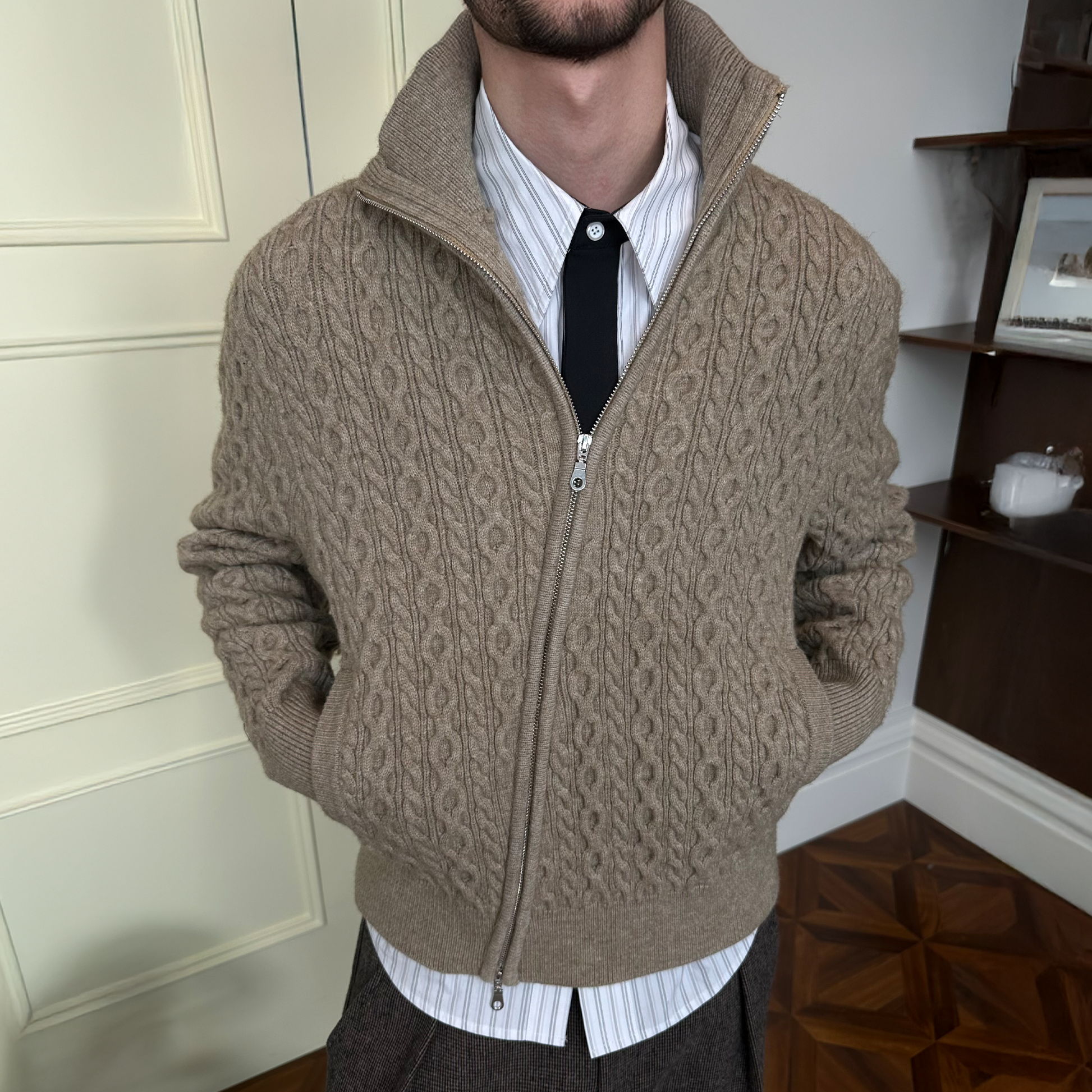 KREATE Asymmetrical Zip Cable-Knit Sweater-Jacket-S-Apricot-Free Shipping Leatheretro