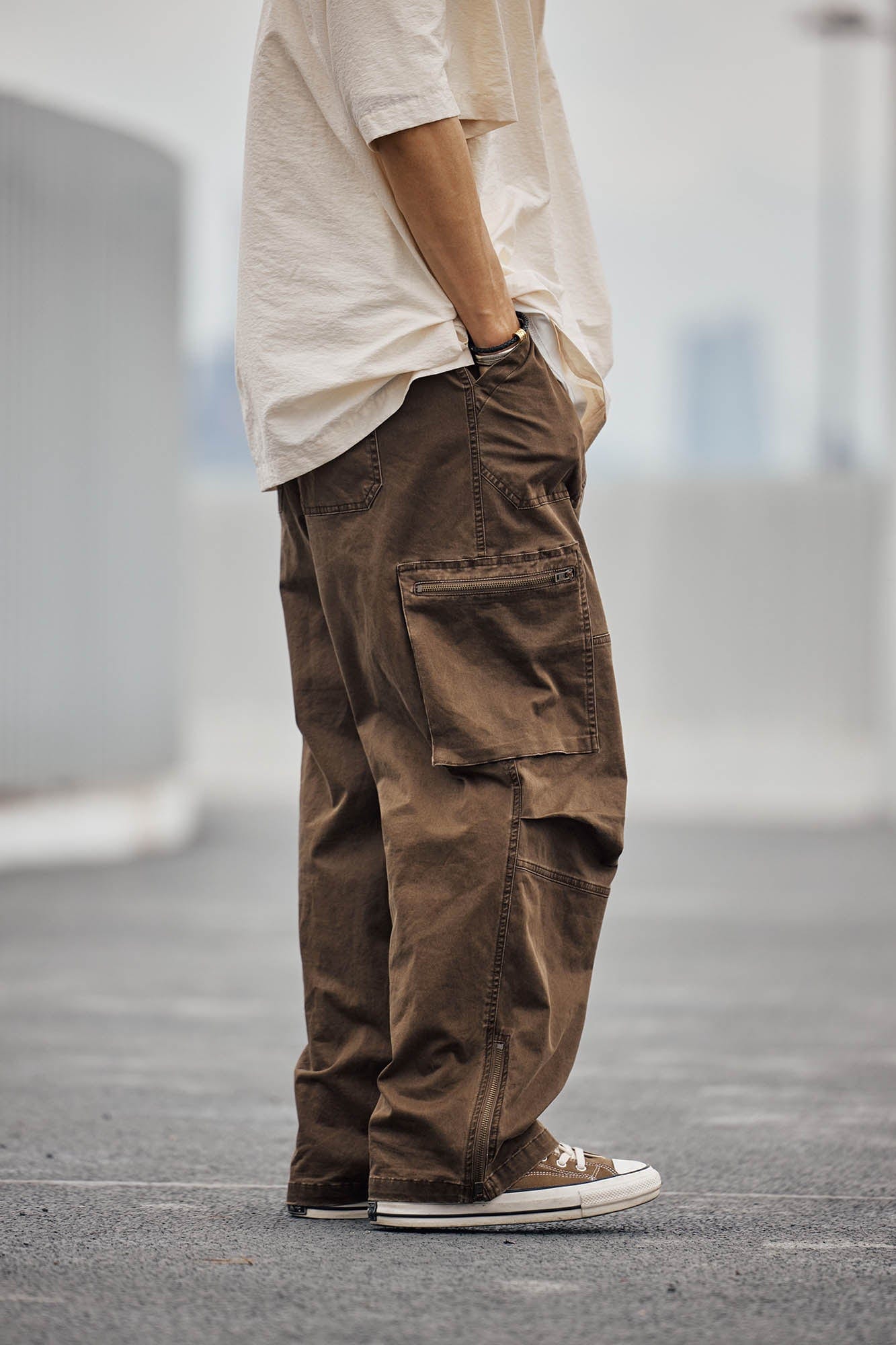 BANANA CLUB Zippered-Hem Multi-Pocket Crinkled Cargo Pants-Pants-S-Brown-Free Shipping Leatheretro
