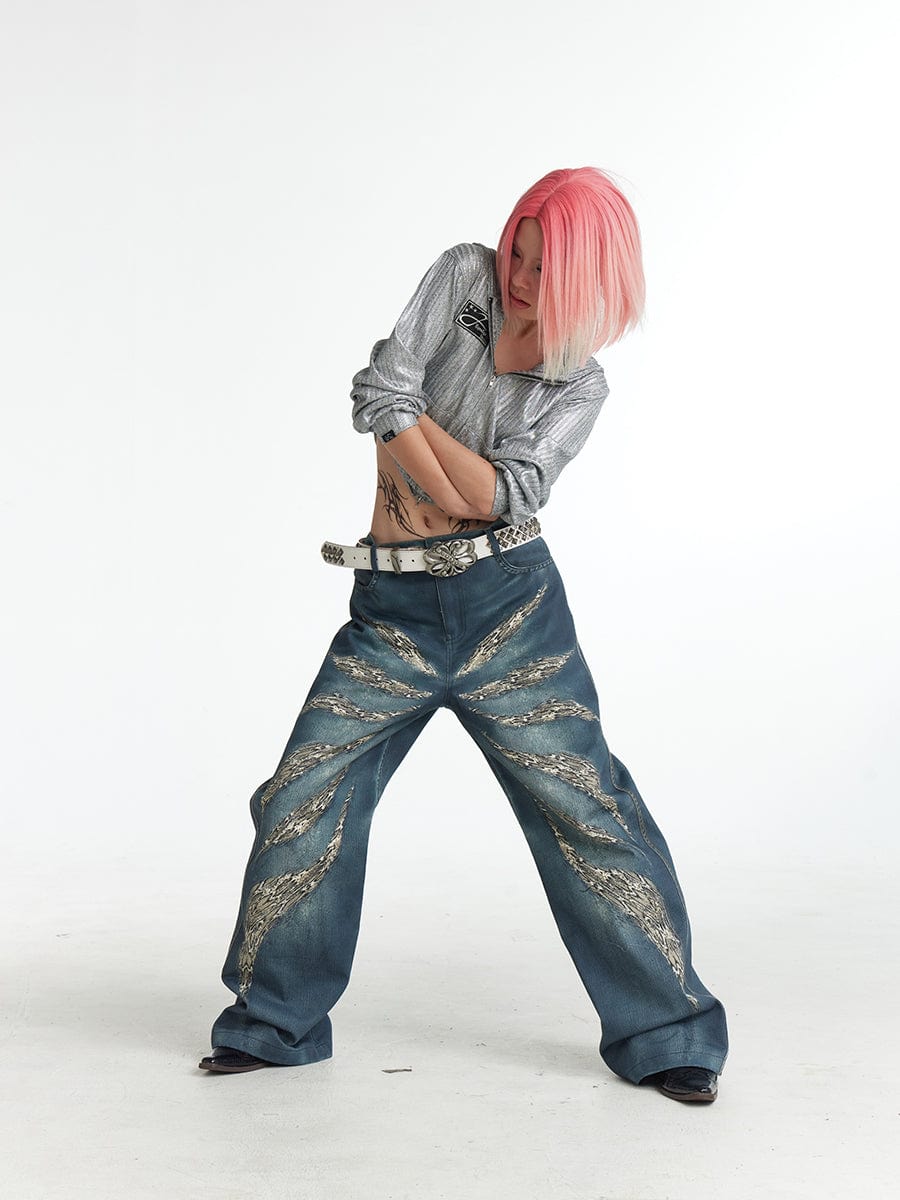 DND4DES×Faychui Leopard Wings Embroidered Wide-Leg Jeans-Jeans-S-Free Shipping Leatheretro