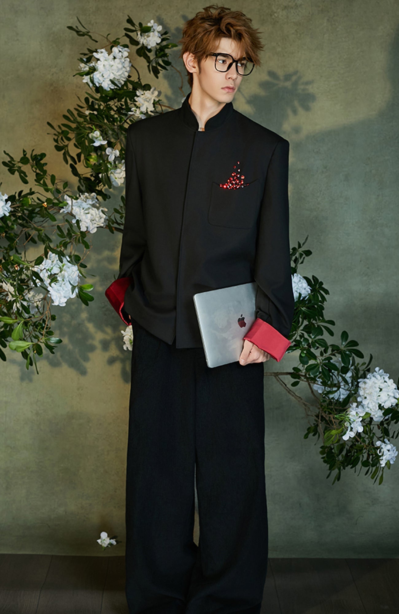 JIECHI Diamond Embellished Contrast Cuffs Mandarin Blazer-Jacket-M (Preorder)-Free Shipping Leatheretro