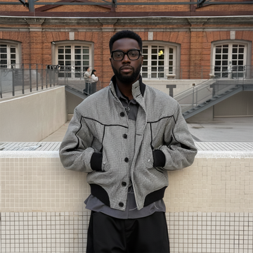 ESAIAS Houndstooth Panel Stand Collar Wool-Blend Jacket-Jacket-S-Free Shipping Leatheretro