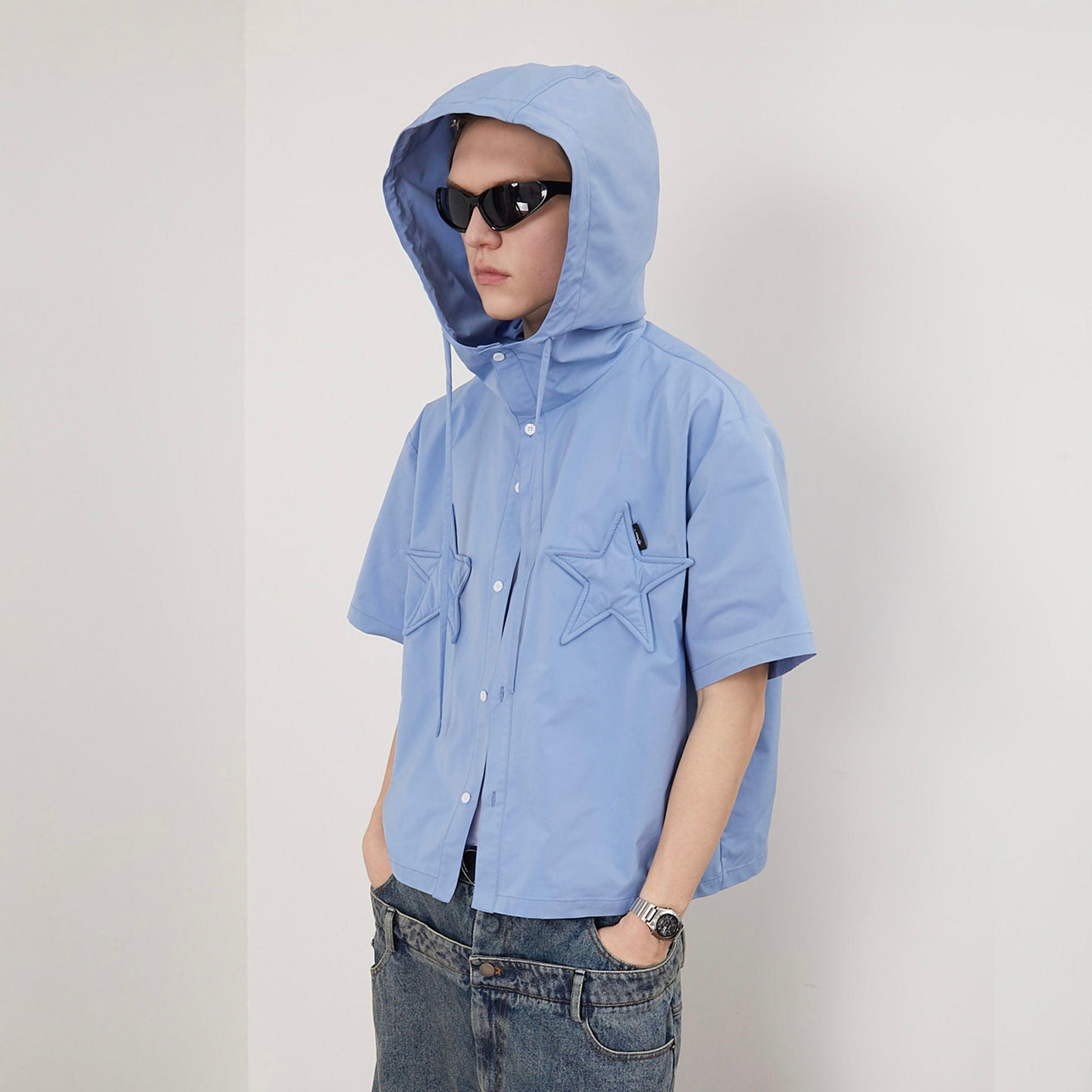 ASSEEN Star Patchwork Hooded Half Shirt-Half shirt-S-Free Shipping Leatheretro