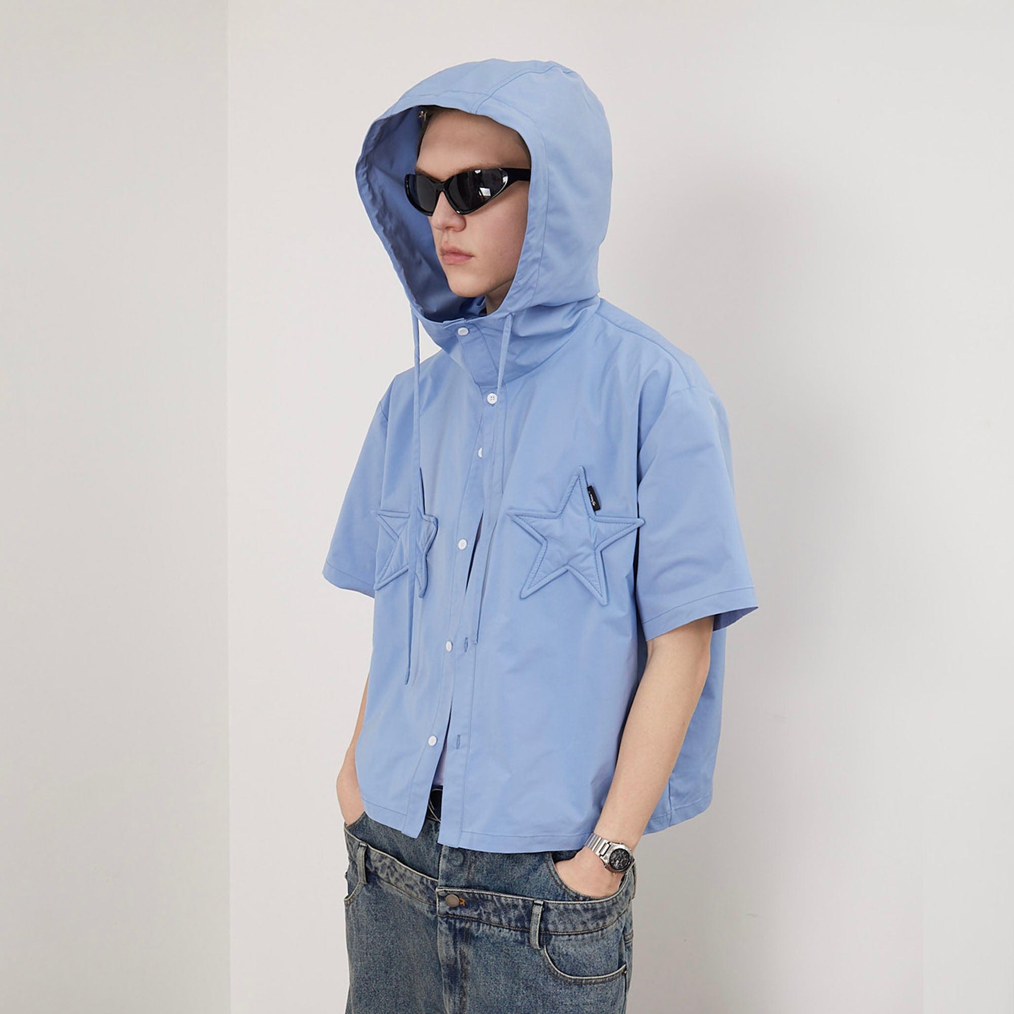 ASSEEN Star Patchwork Hooded Half Shirt-Half shirt-S-Free Shipping Leatheretro