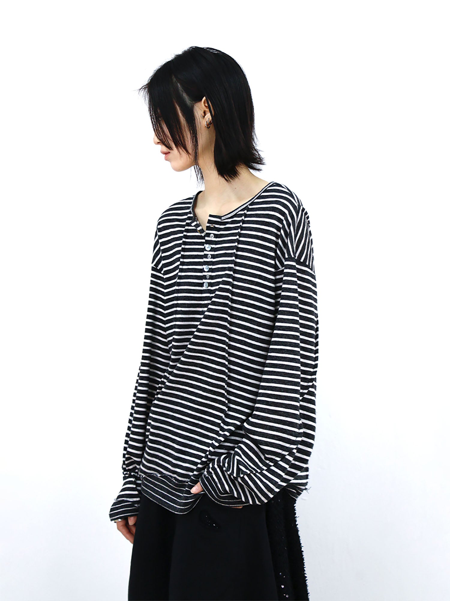 RELABEL Striped Pleated Henley Long-Sleeve Tee-L/S Tee-XS-Free Shipping Leatheretro