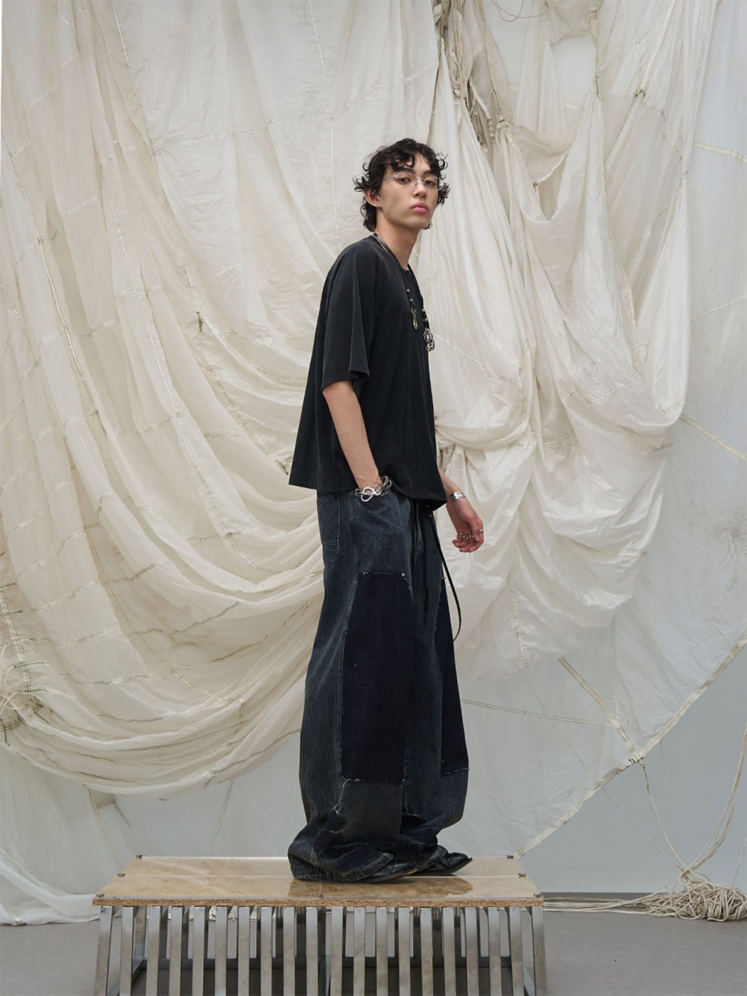 RELABEL Double-Knee Patch Washed Drawstring Jeans-Jeans-XS-Free Shipping Leatheretro