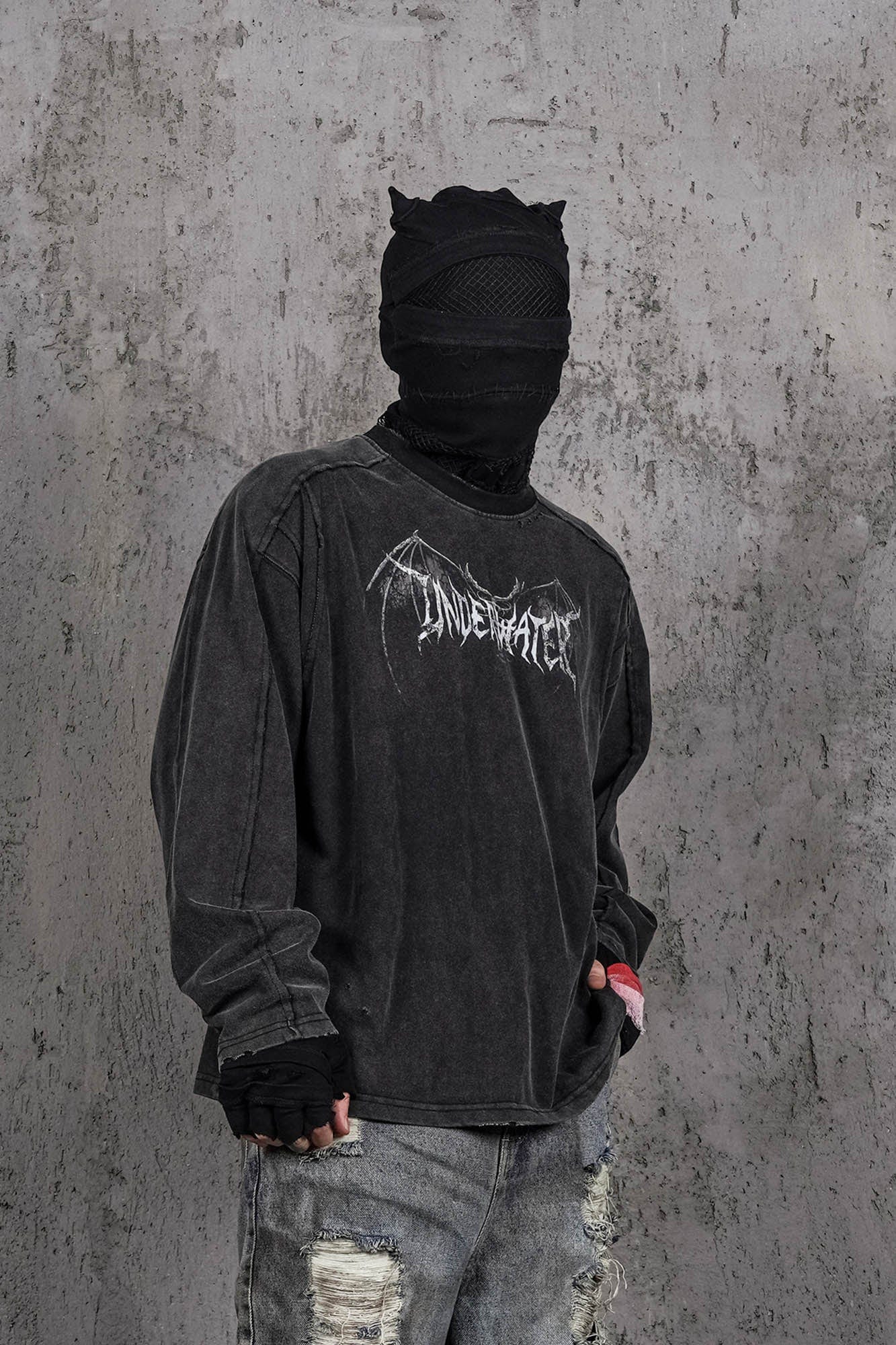 UNDERWATER Hellbound Wing Distressed Spliced Long-Sleeve Tee-L/S Tee-S-Free Shipping Leatheretro