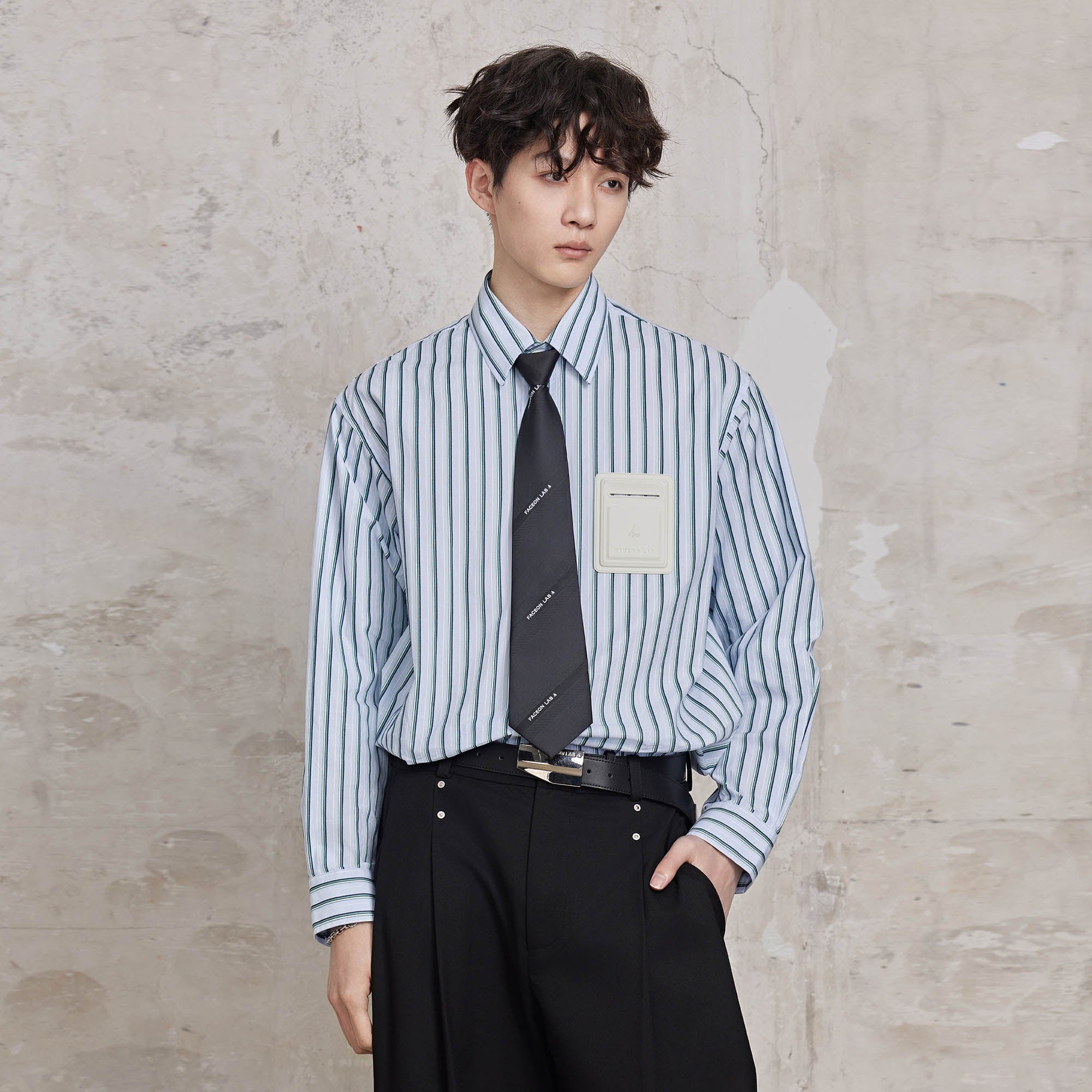 FACEONLAB Striped Patch-Pocket Poplin Shirt-Jacket-M-Blue-Free Shipping Leatheretro