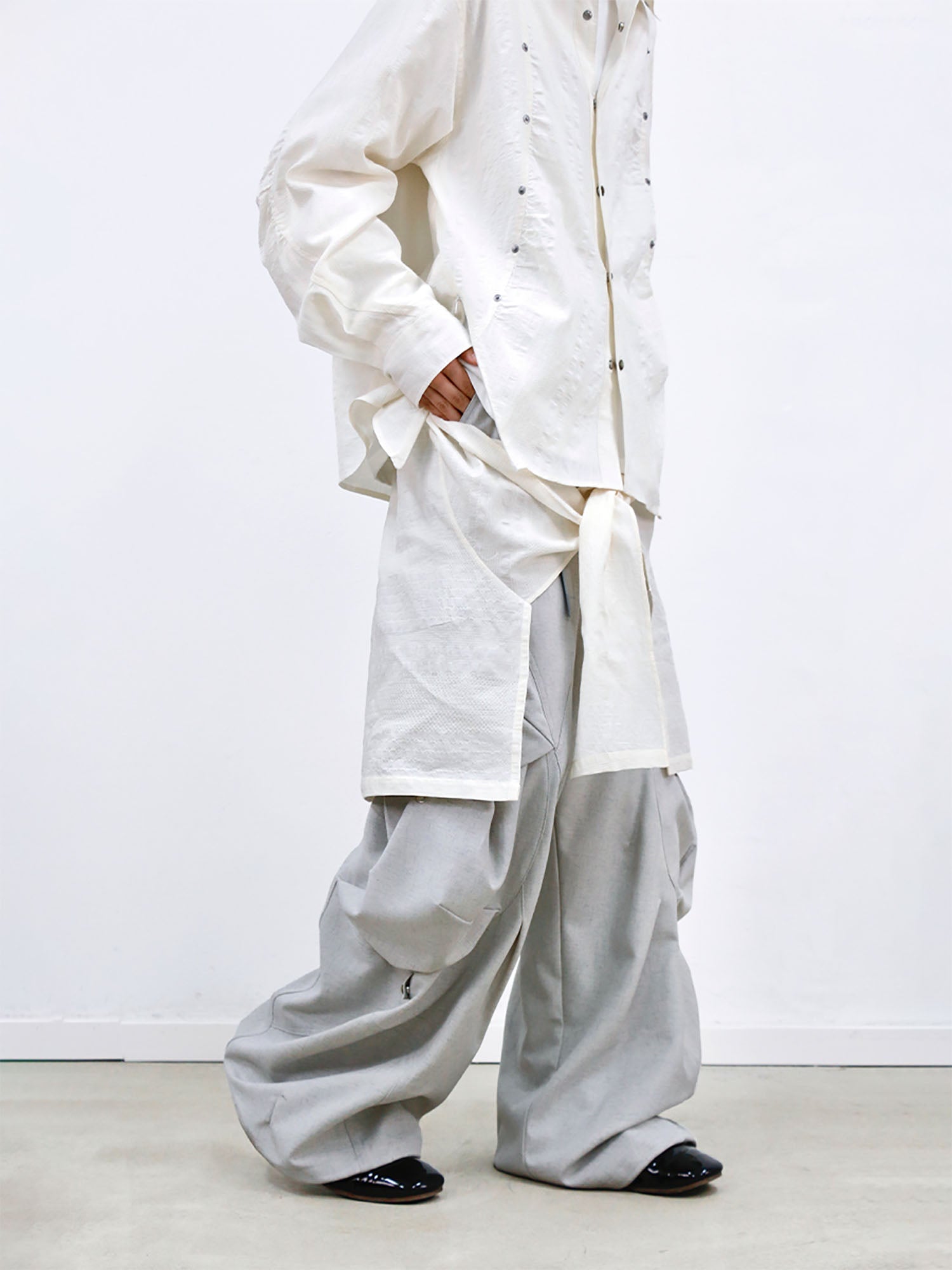 RELABEL Detachable Drape Linen-Blend Cargo Light Gray-Pants-XS-Free Shipping Leatheretro